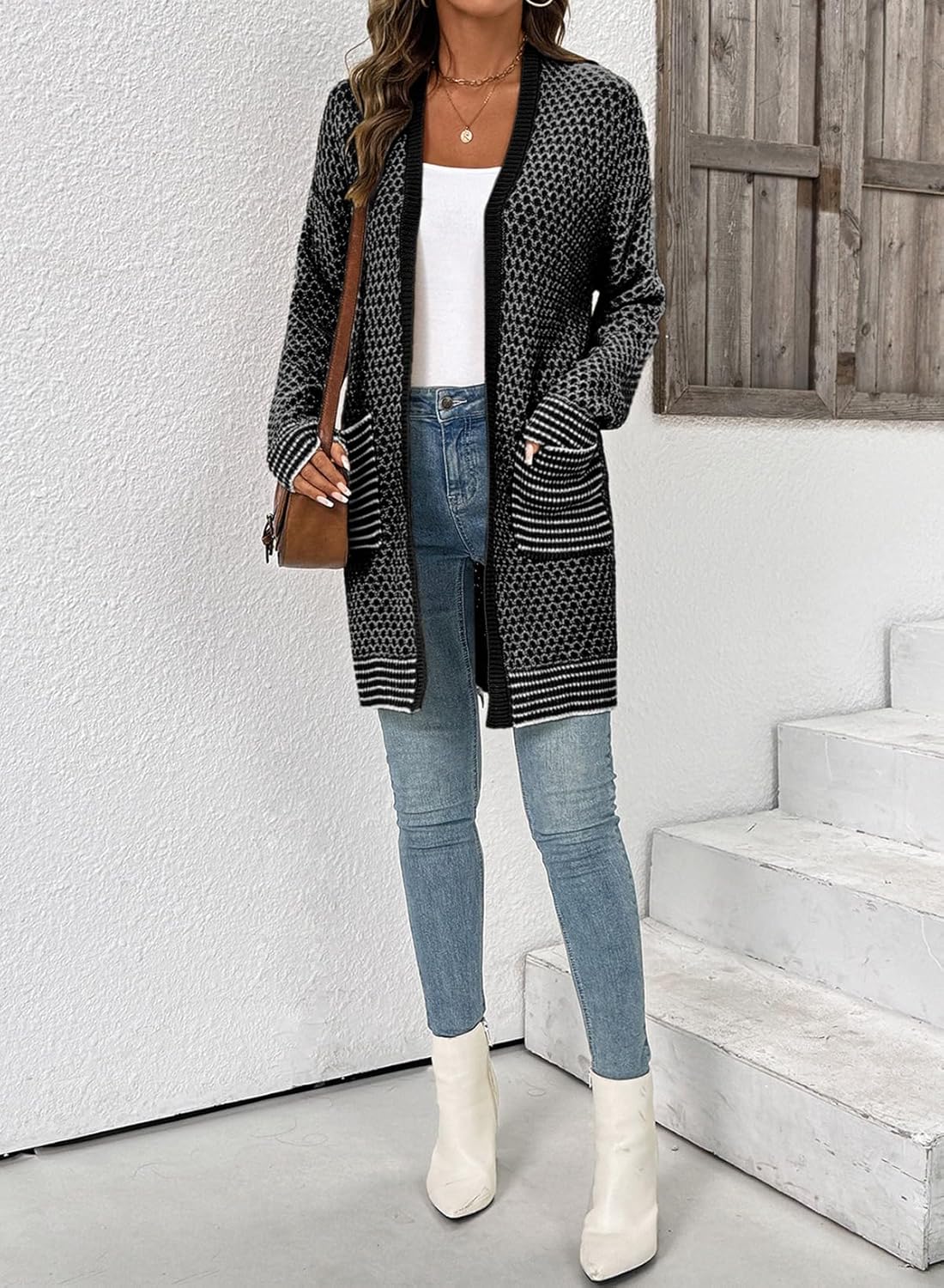 Sidefeel Womens 2025 Fall Outfits Long Sleeve Open Front Cardigan Sweaters Trendy Chunky Hexagon Knit Sweaters Coat - Image 3