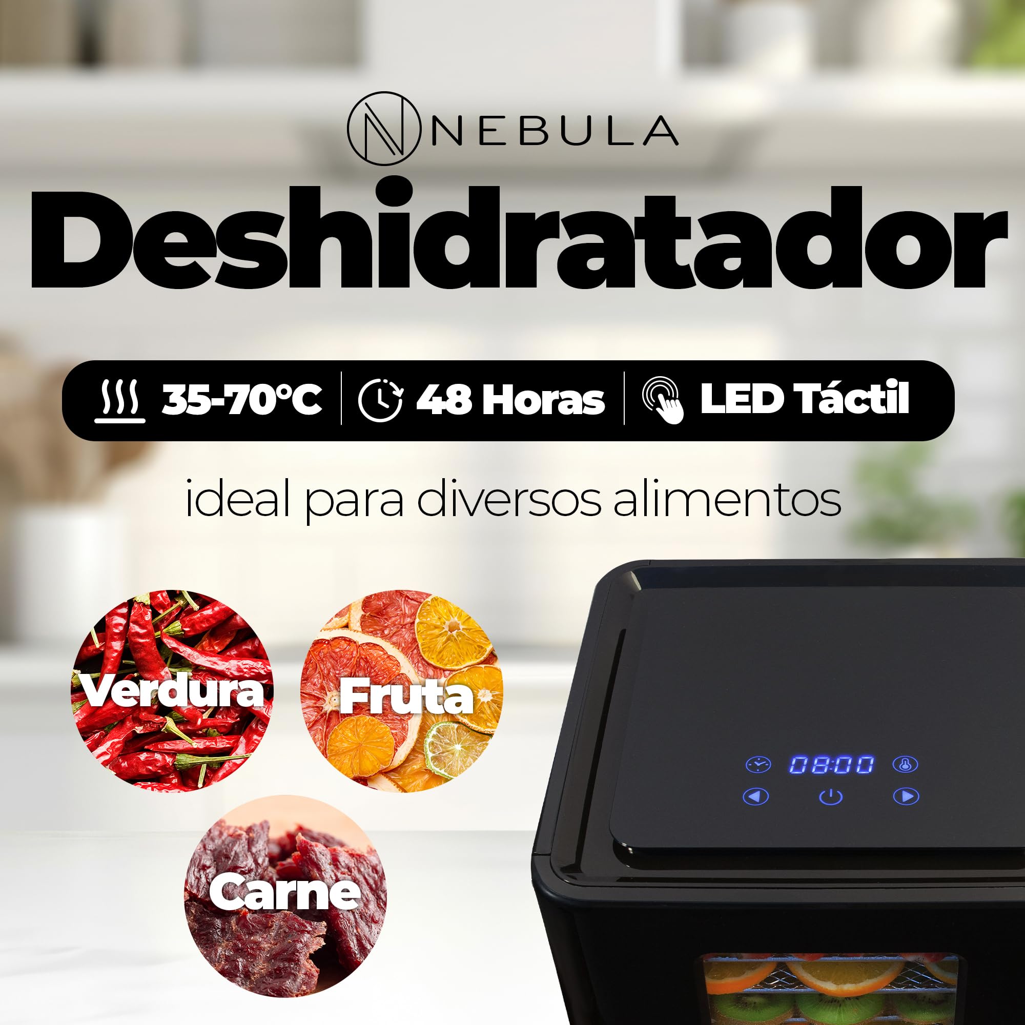Nebula Deshidratador De Alimentos Con 6 Bandejas De Acero Inoxidable | Diseño De Control Táctil LED, Temperatura Digital Ajustable 35-70C Y Temporizador De 48 Horas | Secador De Alimentos | 400W