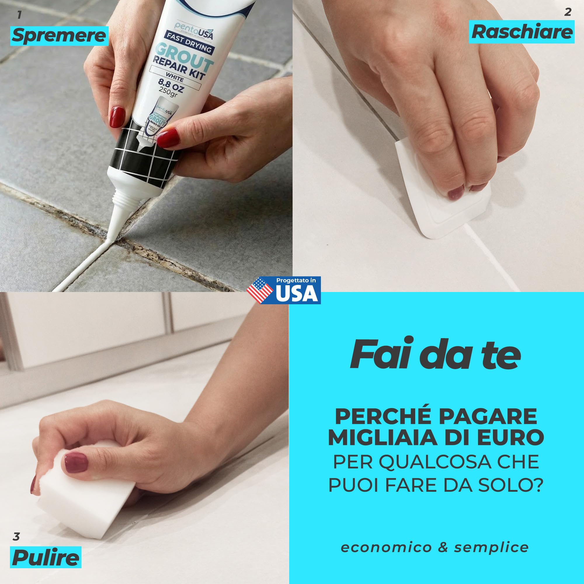 Riparazione Fughe Piastrelle - Tubetto Riempitivo Ripara e Rinnova, Malta per Piastrelle, Asciugatura Rapida + Raschietto, Stucco inodore - 250gr (Bianco)