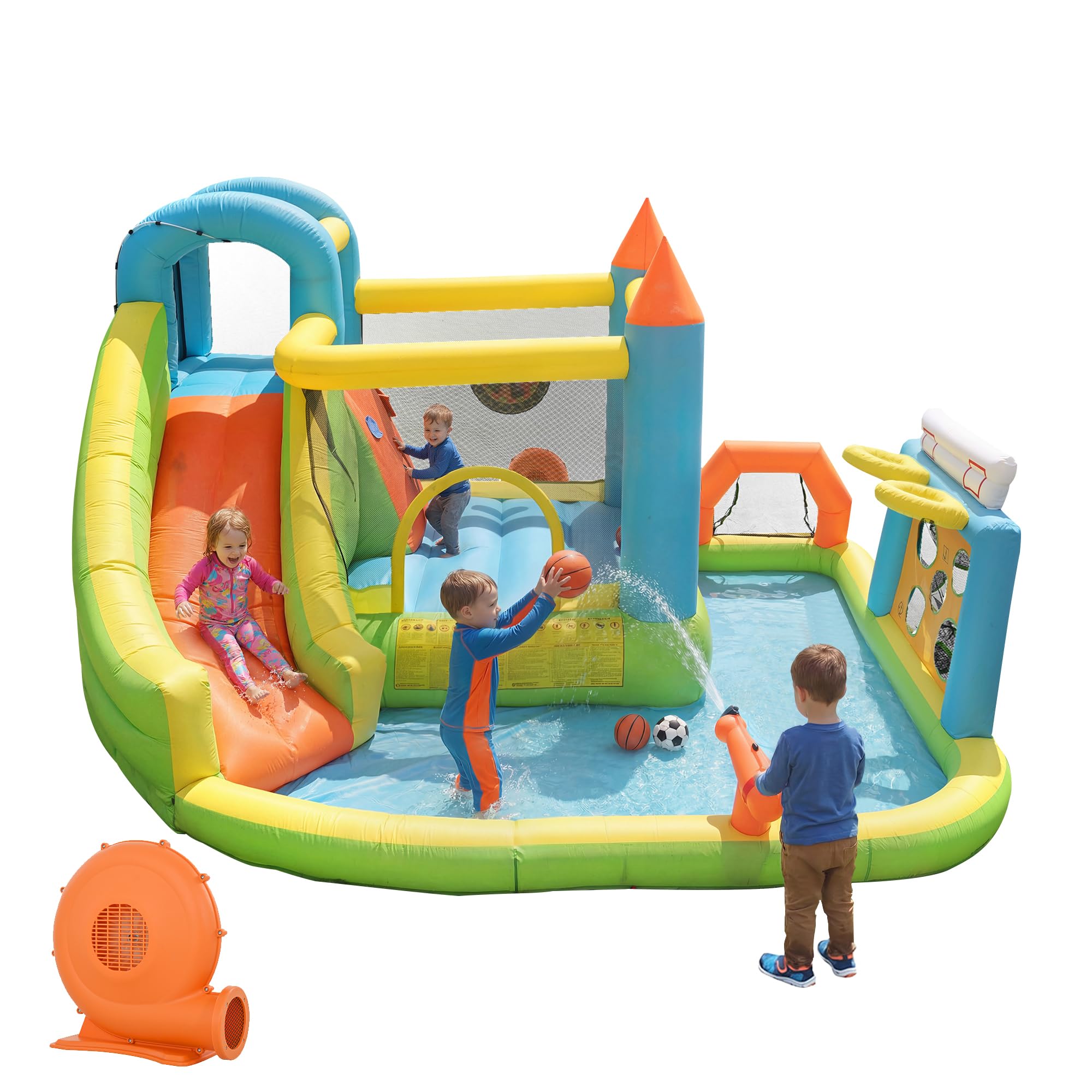 Château Gonflable Enfant 5-en-1, Parc Aquatique Extérieur avec Toboggan & Piscine, Structure Gonflable Multijeux 450W pour Jardin 3-10 Ans 135kg
