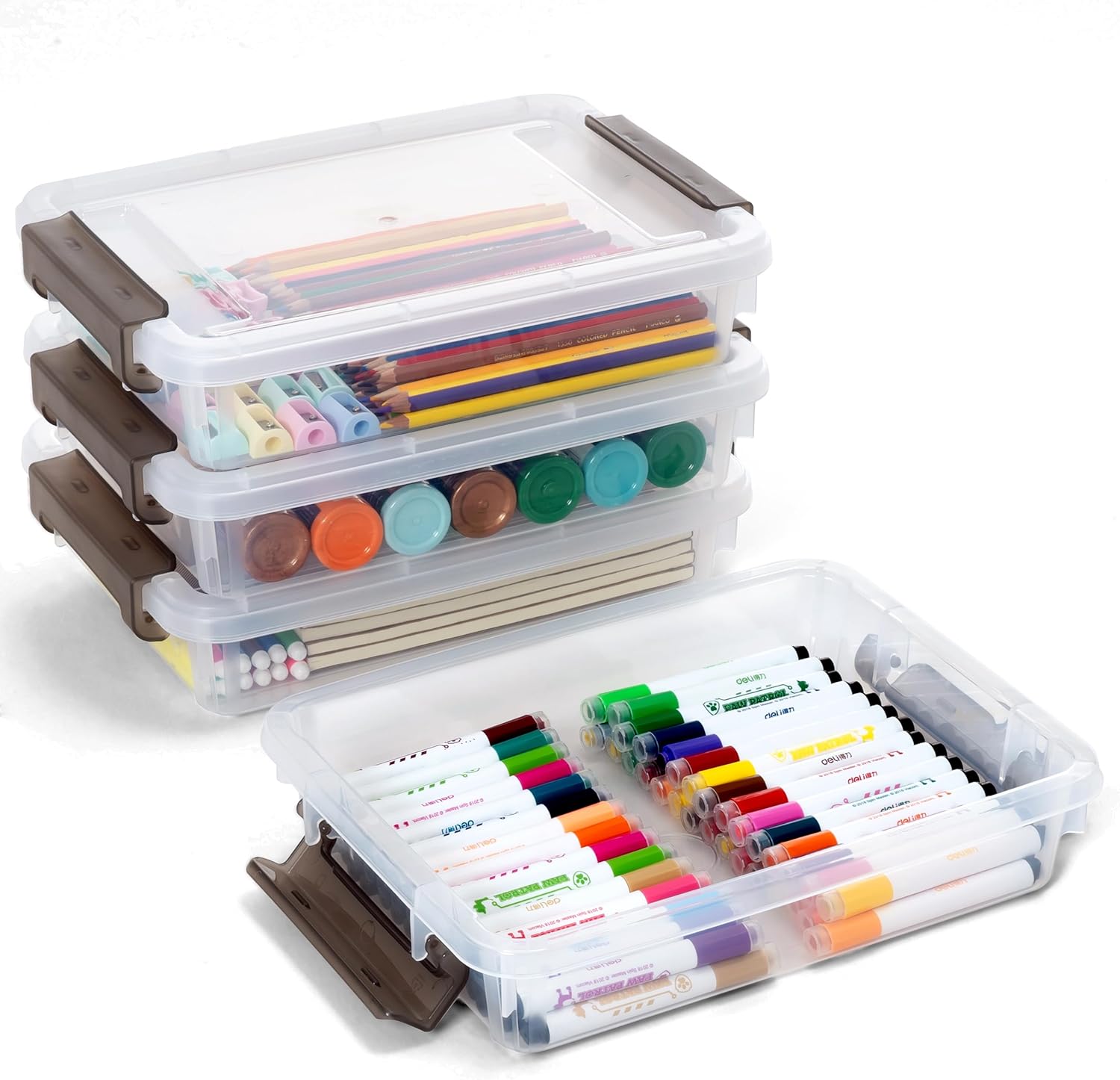 citylife 4 packs portable project case, clear file box with snap lid, stackable plastic organizers for craft projects white 4 pcs- 12.6" x 9.06" x 2.87"