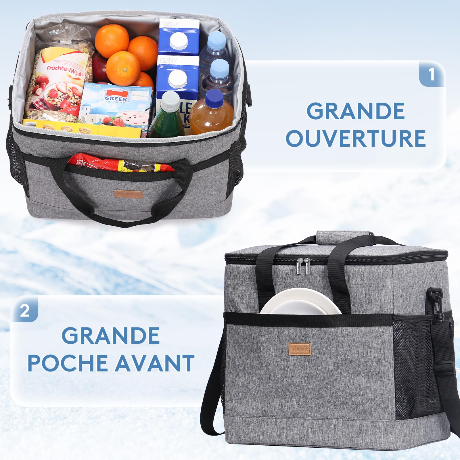 Lifewit Sac Isotherme 30L, Grand Format Glaciere Souple Isothermes, Portable Sacs Isotherm Courses Surgelés pour Voyage, Pique Nique, Camping, Plage, Gris