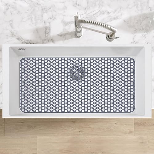 Miniatura 243 de Paquete de 2 tapetes de silicona para fregadero de 13.58 x 11.6 pulgadas, protectores para fregadero de cocina con drenaje central, rejilla Gris