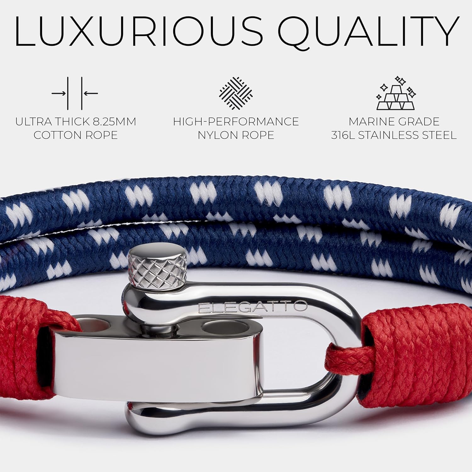 Elegatto Duetto Platinum Rope Bracelet for Men | Double Nautical Nylon Cord with Silver Polished Stainless Steel Shackle Clasp | Waterproof and Fade-Resistant