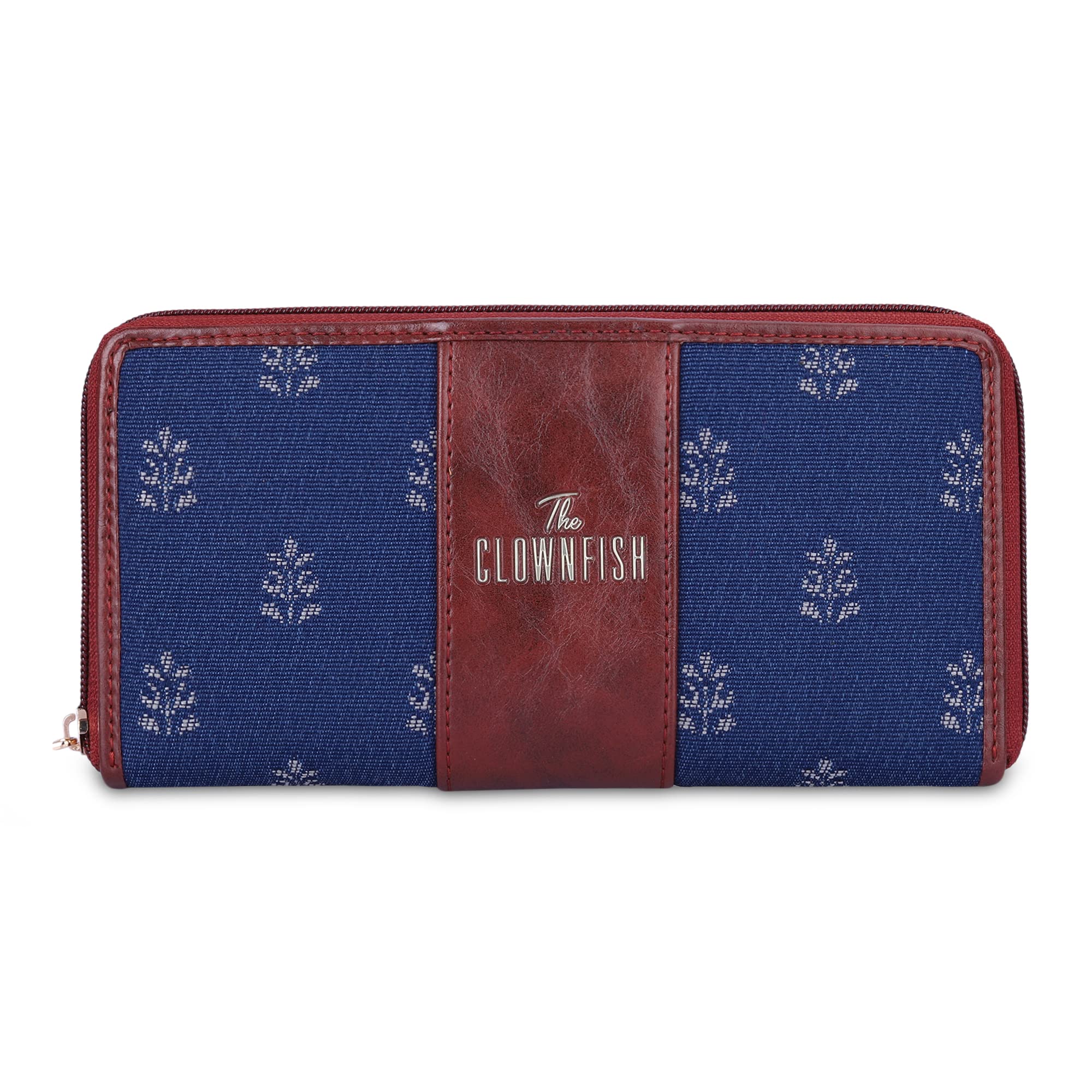 The Clownfish Aria Collection Tapestry Fabric & Faux Leather Zip Around Style Womens Wallet Clutch Ladies Purse with Card Holders (Denim Blue)