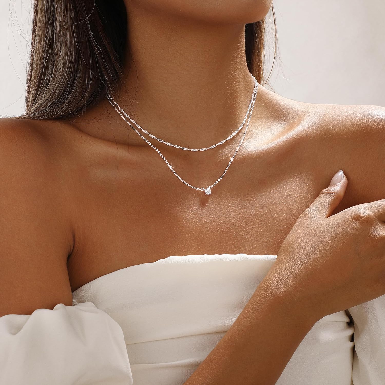 Layered Gold/Silver Necklace for Women Dainty 14K Gold Plated CZ Pendant Necklace Choker Necklace for Women Gold Necklace Stack Diamond Simple Trendy Jewelry Set - Image 3