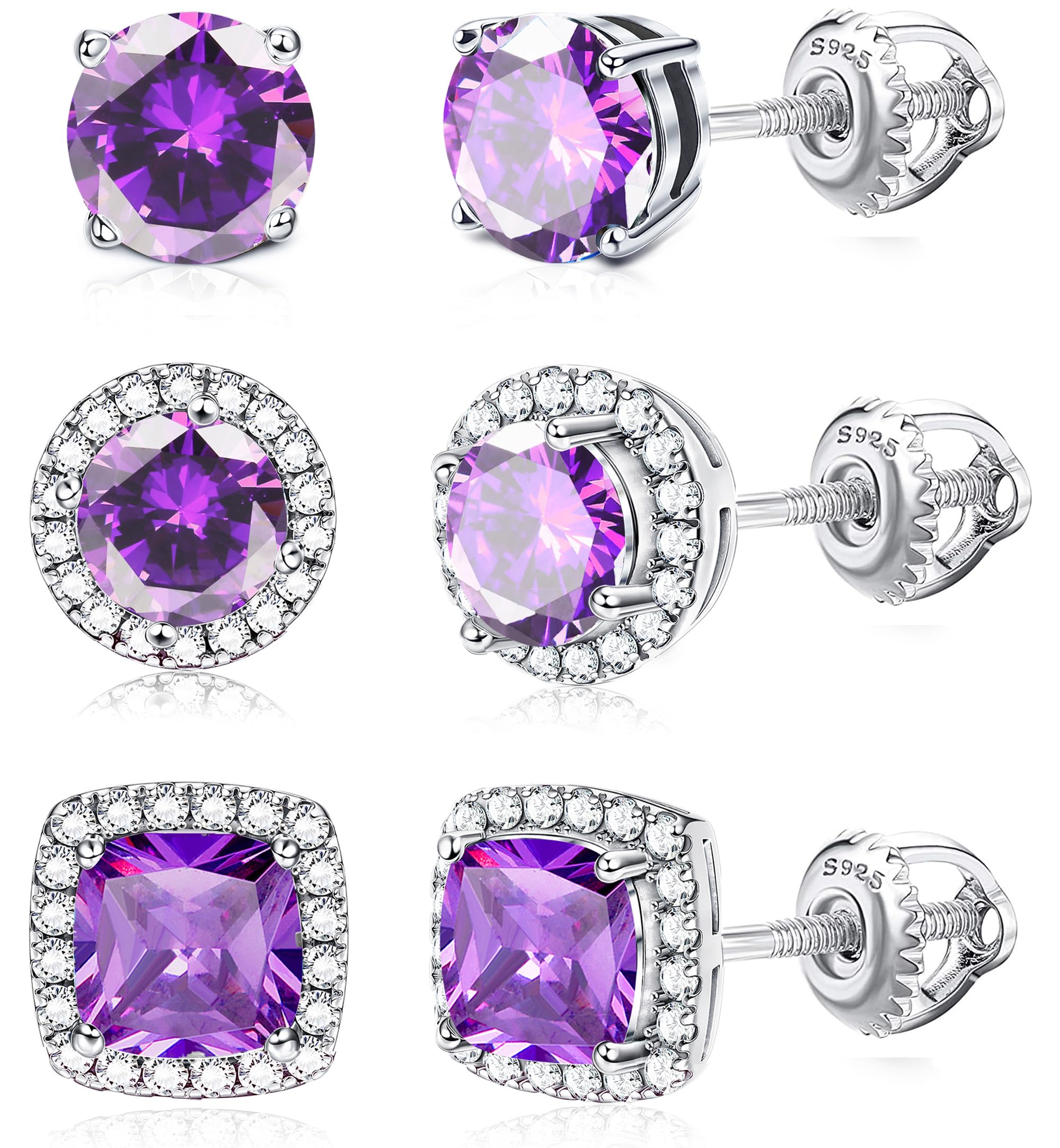 Jstyle3Pairs 18K White Gold Sterling Silver Post Earrings Brilliant Simulated Diamond Halo Earrings Studs with Screw Back Round Square Cubic Zirconia Screw Back Earrings for Women Men Gift Box
