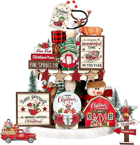 Dandat Decoración de bandeja escalonada de Navidad, juego de decoraciones de bandeja escalonada de invierno, muñeco de nieve, copo de nieve, gnomo,