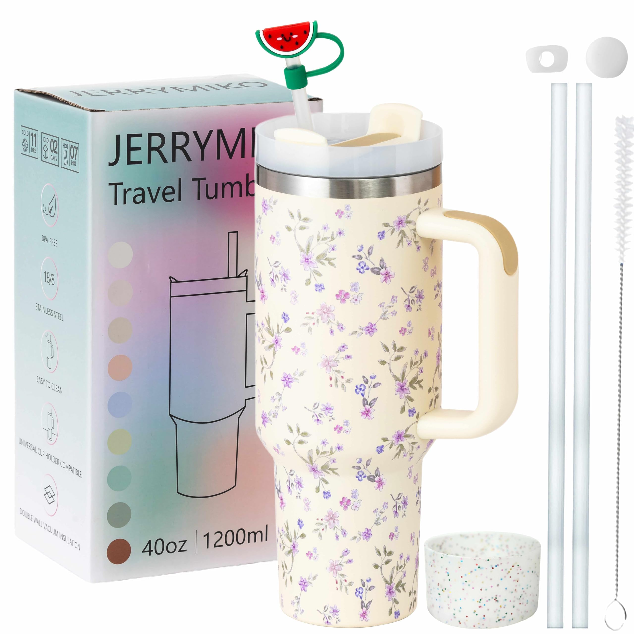 JERRYMIKO 40 oz Tumbler With Handle and Straw Lid,Simpl Moder Double Wall Vacuum Sealed Stainless Steel Insulated Tumblers,Travel Mug for Hot and Cold Beverages,Thermos Travel (Pink Bunny)