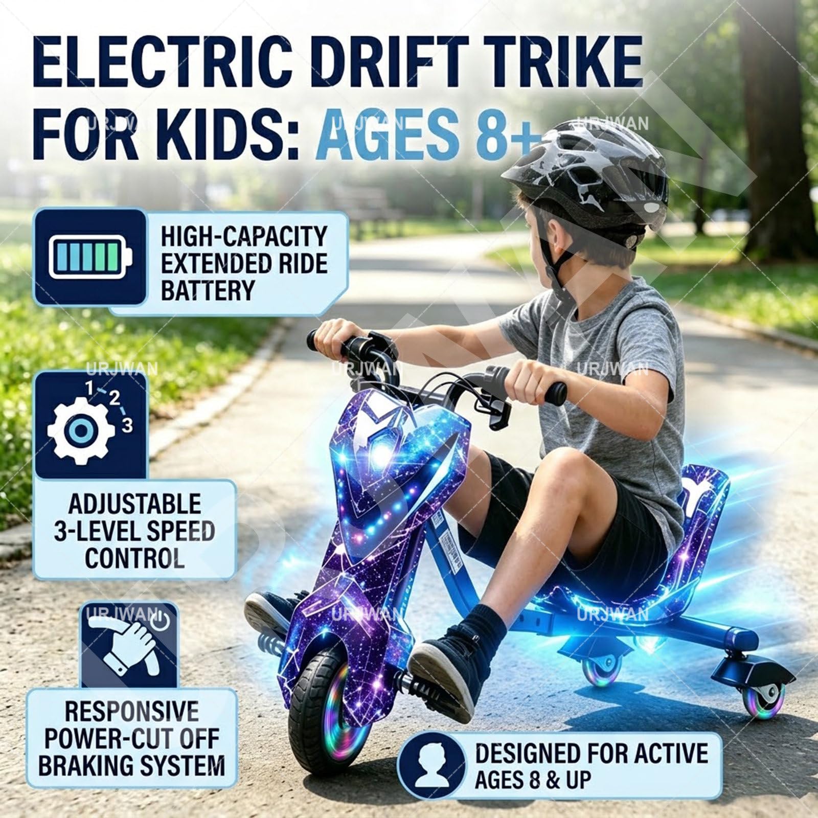 Triciclo Eléctrico para Niños de 5 a 8 Años, Realizar Derrapes y Giros de 360°, Carro Electrico Niño Montable, Juguete Scooter Eléctrico para Niños con Luces de Colores 6-Inch-C