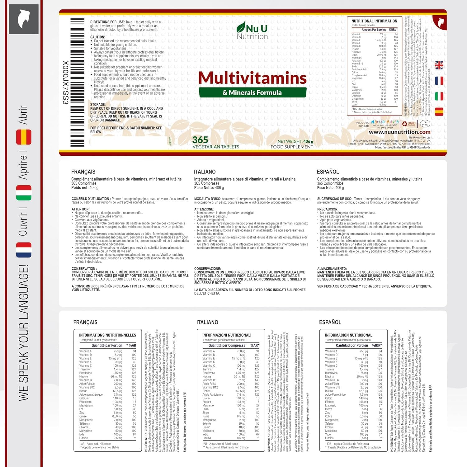 Multivitamines et Minéraux - 365 Comprimés (12 Mois) - 25 Nutriments dont Vit A B C D Fer Zinc Magnesium - Complément Alimentaire Homme et Femme - Vitamines, Minéraux et Compléments - Nu U Nutrition