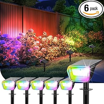 Linkind RGB Solar Christmas Lights Outdoor Spotlights IP67 Waterproof 10 Lighting Modes Solar Color Changing Lights Outdoor for Yard Garden Landscape Christmas Decorations (Multicolor, 6 Pack)