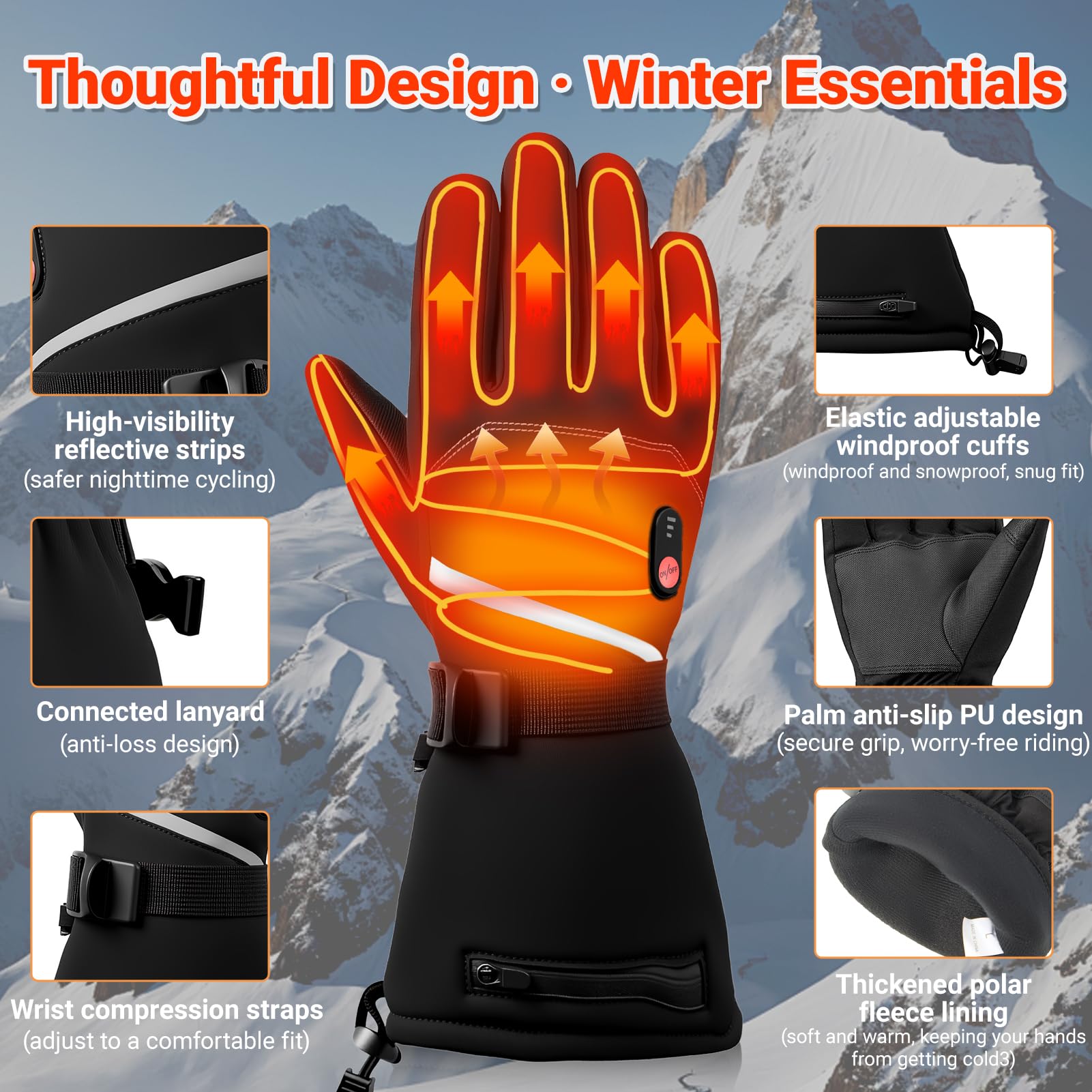 Gants Chauffants 7,4V à Chauffage Rapide pour Hommes et Femmes, 20000mAh Gants Chauffants Rechargeables, 3 Températures, Écran Tactile, Étanches, Antidérapants, Adaptés à l'hiver