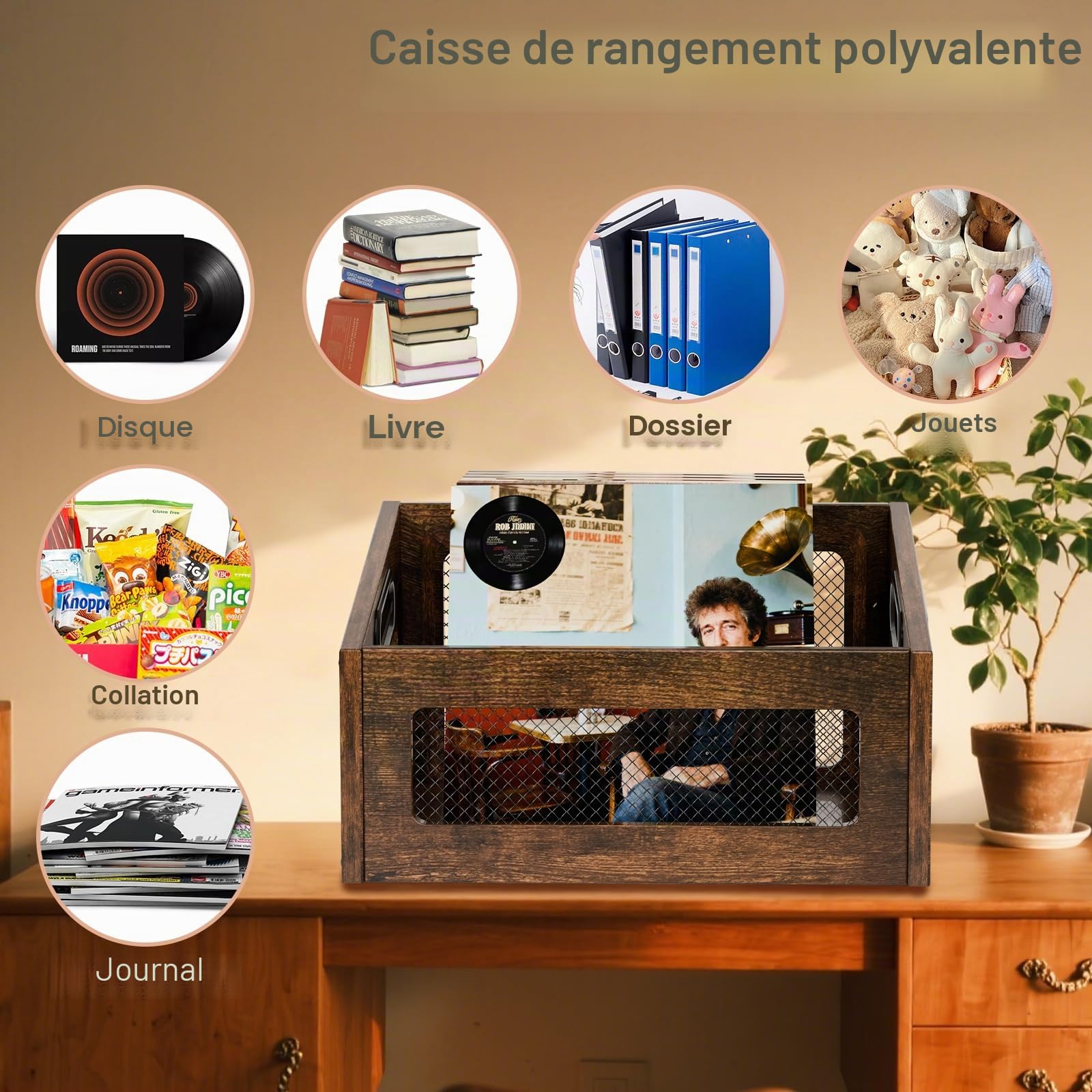 Support pour disques vinyles Rangement, caisse pour disques vinyles - rangement, livres et albums, 40 x 30 x 24 cm