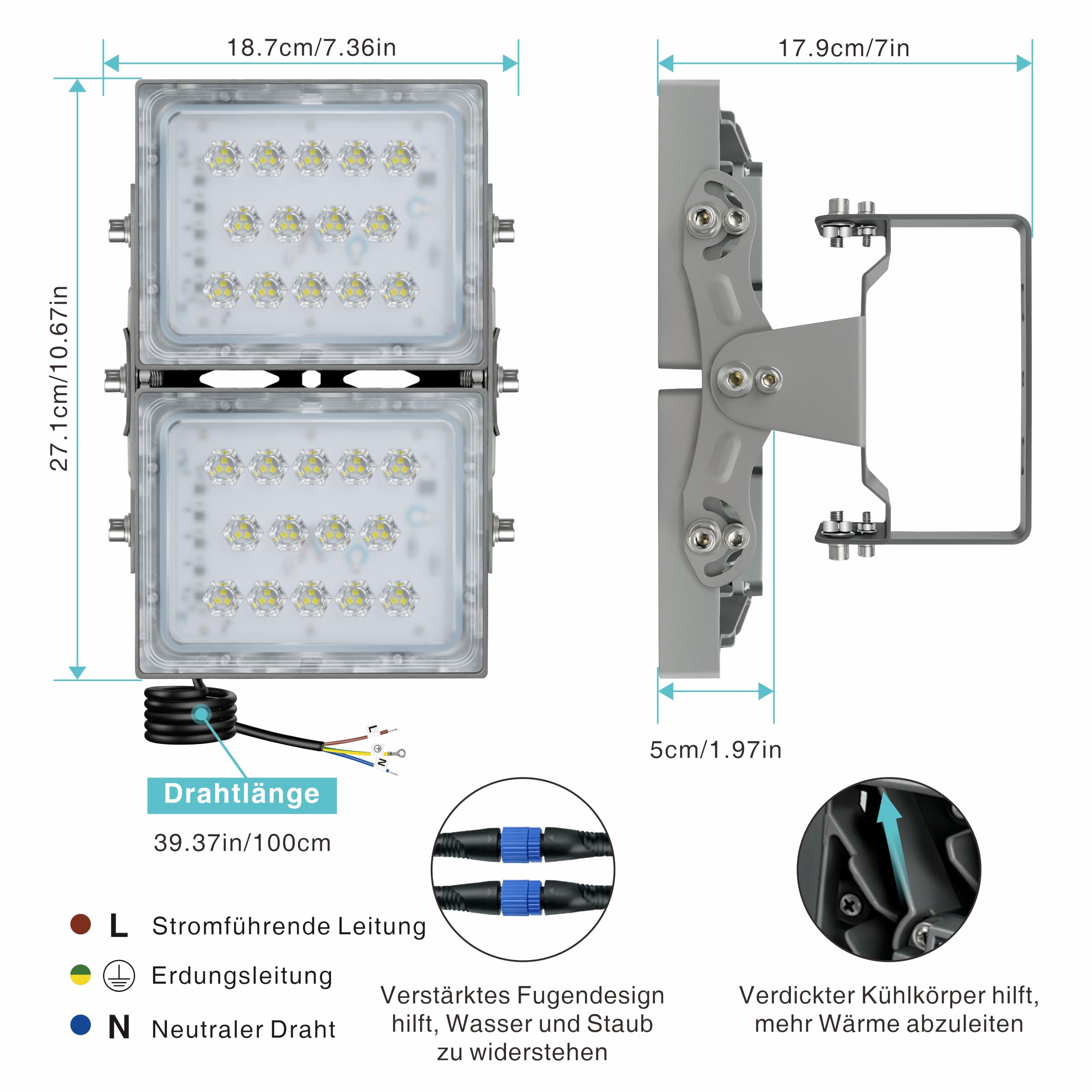 STASUN 60W LED Außenstrahler, 6000LM Superheller LED Außenstrahler, IP66 Wasserdicht, 6000K Tageslicht, 2 Strahler, Verstellbare Köpfe, Für Garten, Garage, Hof
