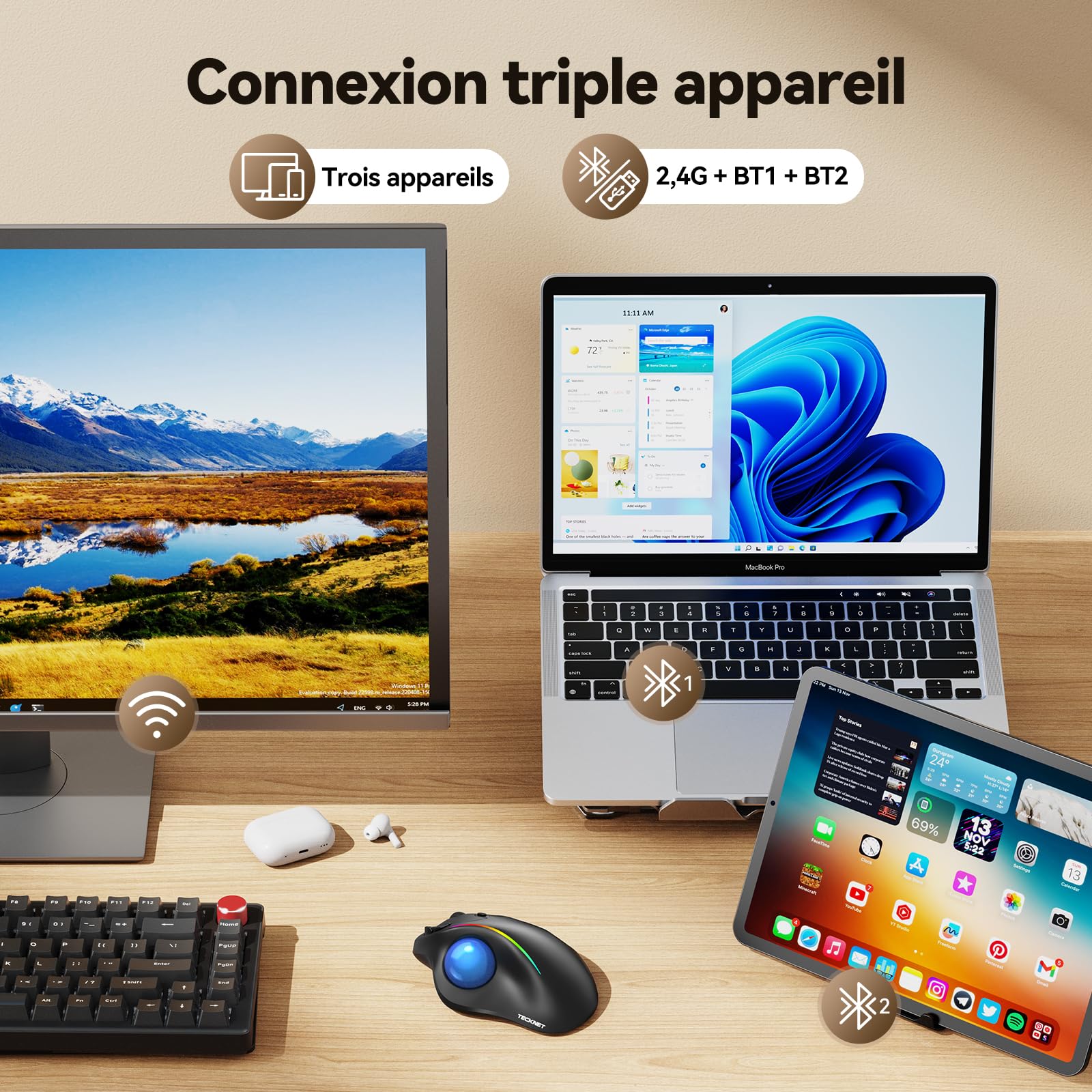 TECKNET Trackball Souris sans Fil, Bluetooth et dongle crypté | Souris Ergonomique sans Fil, 6 Touches, Connexion à 3 appareils, éclairage RGB, Compatible avec PC/Mac, Bleu
