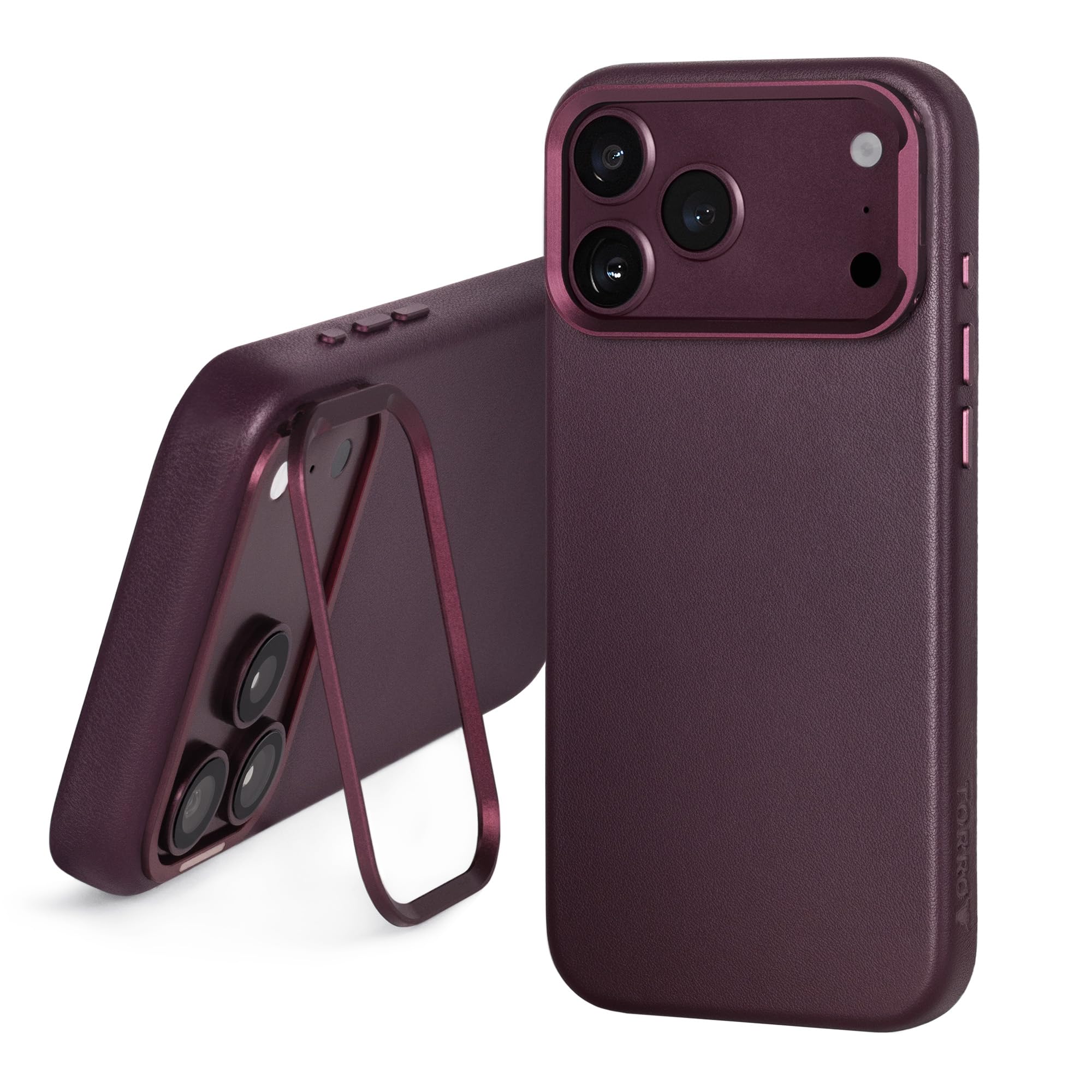 TORRO Custodia paraurti in pelle compatibile con iPhone 17 Pro 6.3 2025 - Custodia sottile compatibile con MagSafe con cavalletto per fotocamera (ciliegia scuro)