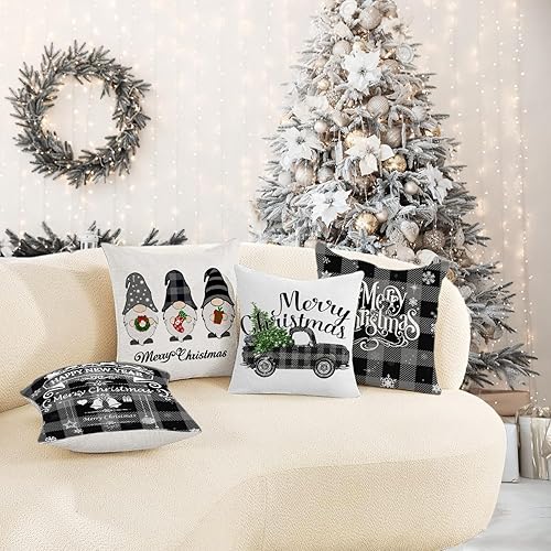 Miniatura 2 de Artmag Juego de 4 fundas de almohada navideñas de 18 x 18 pulgadas, decorativas, para exteriores, granja, búfalo, búfalo, a cuadros, camión, gnomos,