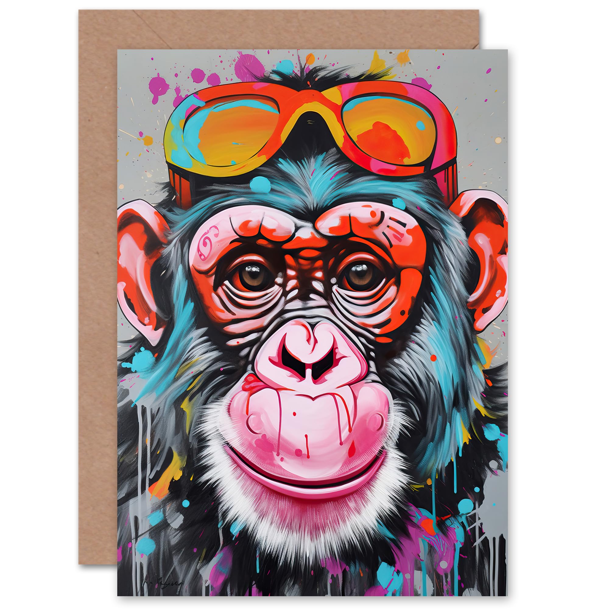 Artery8 Happy Chimp Graffiti Pop Art for Child Children Kids Birthday Congratulations Son Brother Blank Art Greeting Card