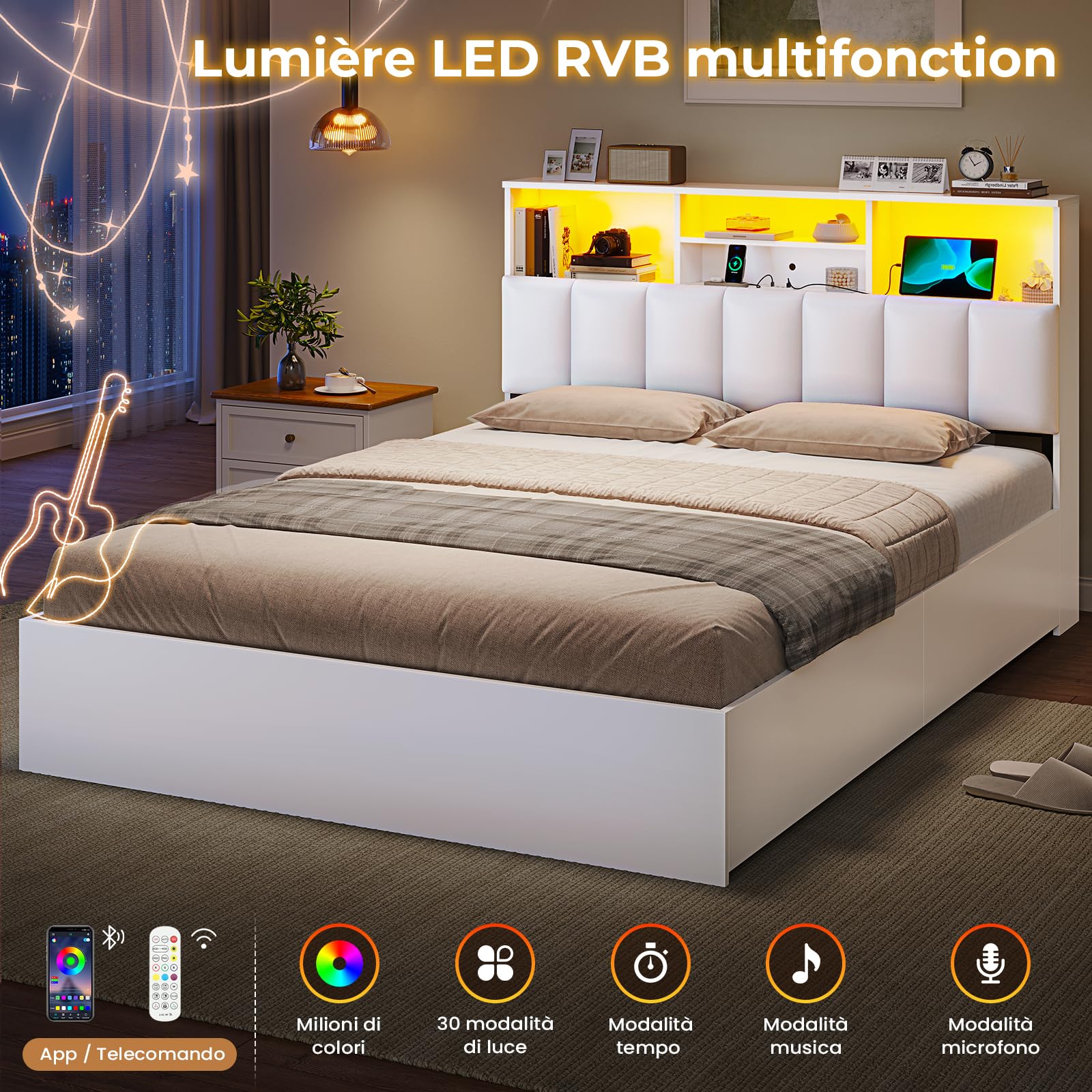 AOGLLATI Bett 140×200 cm, Polsterbett mit Ladestation und LED-Beleuchtung, Doppelbett Stauraumbett mit Stauraum Kopfteil, 4 Schubladen, Lattenrost, ohne Matratze(für 140 x 200 cm Matratze), weiß