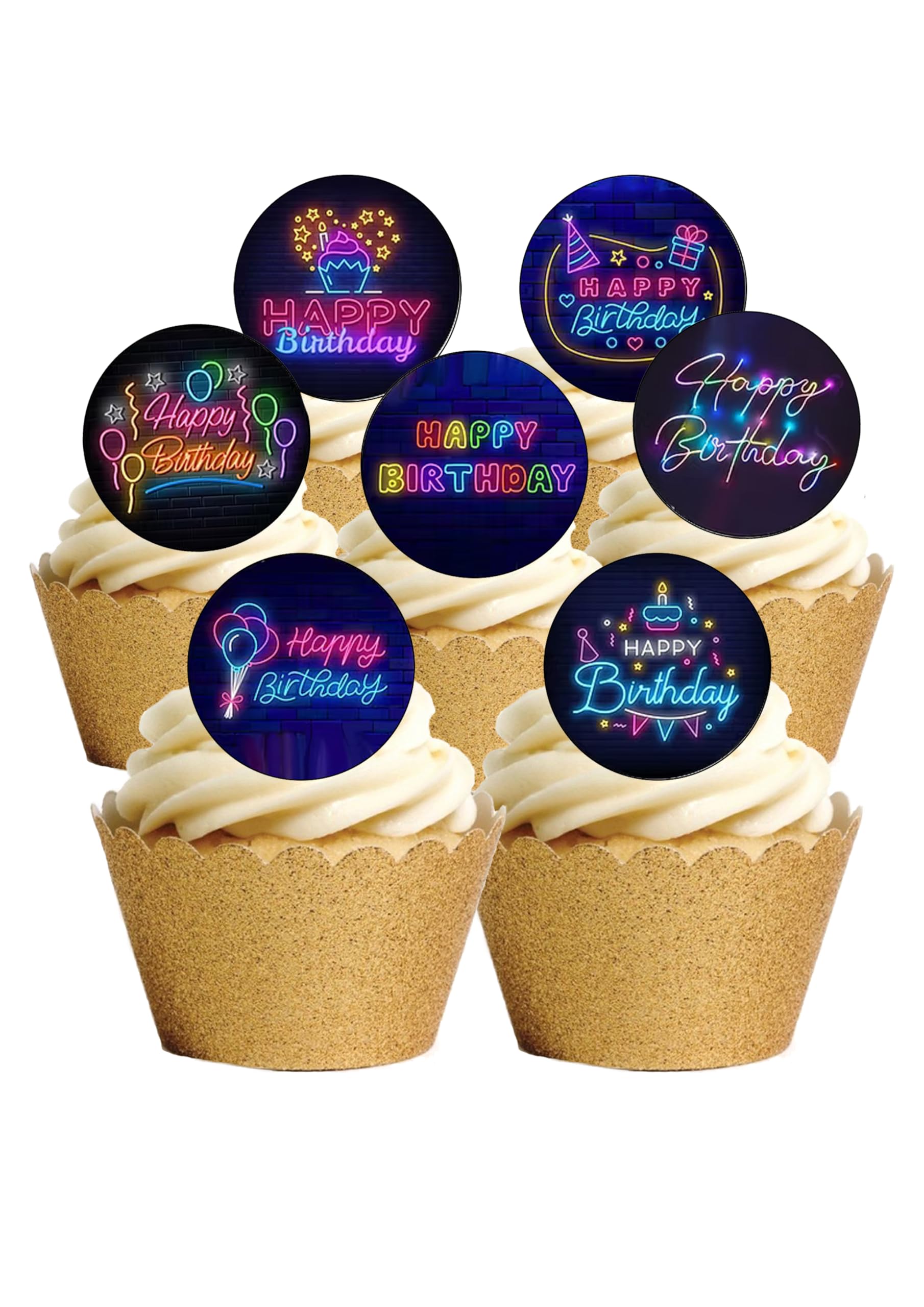 24 Precut Round Neon Signs Themed Happy Birthday Edible Wafer paper Cake Toppers Decorations - Boy or Girl