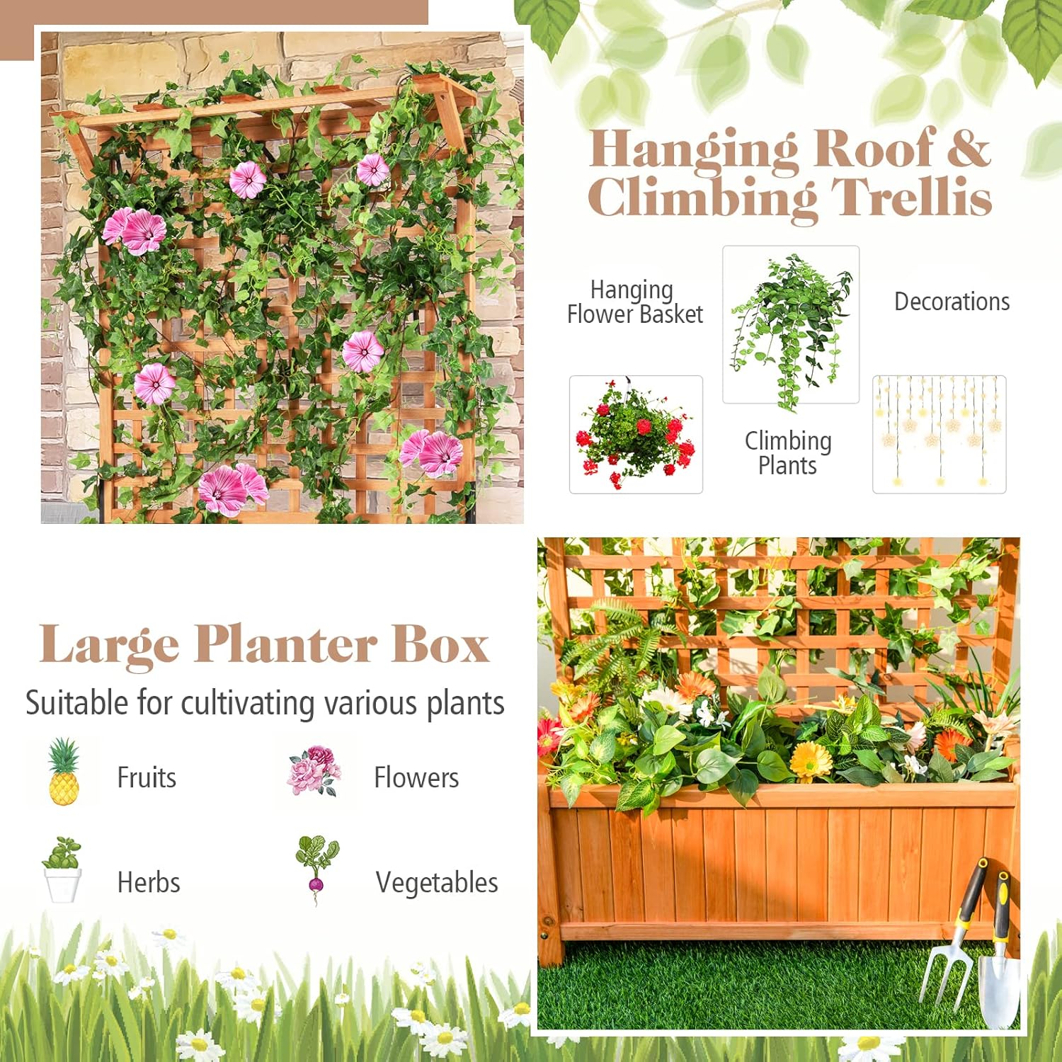 Wooden Planter Box with Trellis, 72.5” Freestanding Garden Planter w/Hanging Roof, 4 Drainage Holes & Lattice Panel, Raised Garden Bed with Trellis for Vine Climbing Plants Flowers (1)