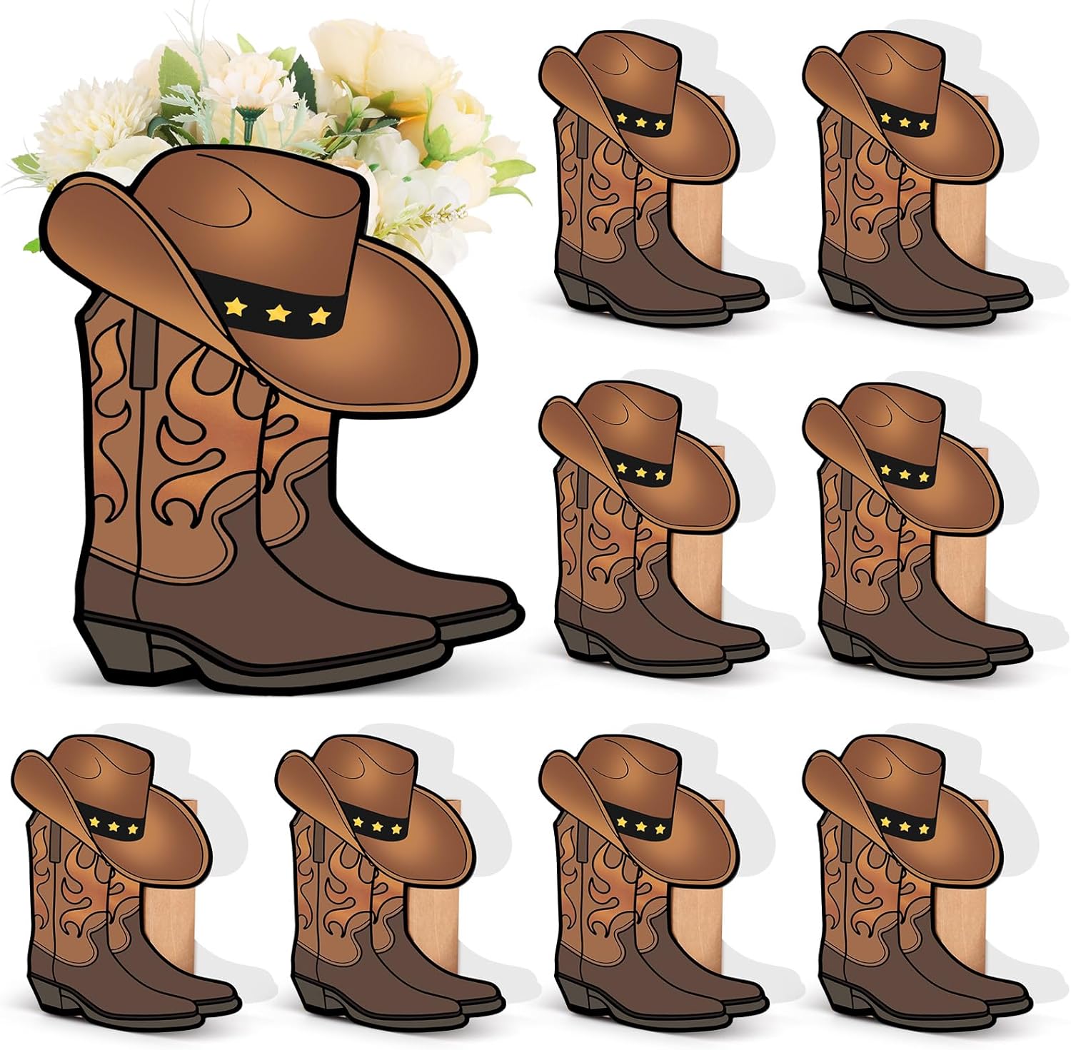 10 Set Western Cowboy Boots Flower Boxes Centerpieces Boot Vase Party Decorations Boot Shape Gift Box for Western Theme Cowboy Cowgirl Birthday Party Wedding Baby Shower Supplies (Brown)