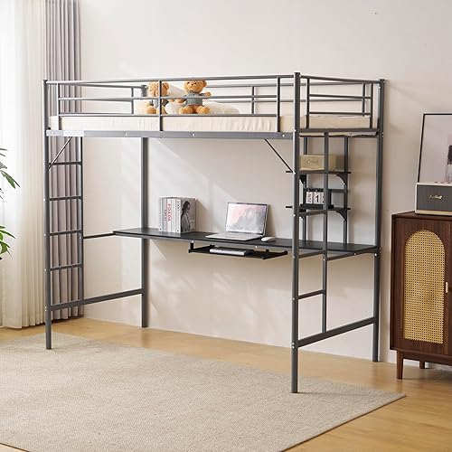 Miniatura 2 de Karl home Cama alta individual con escritorio y estantes de almacenamiento, litera individual con escritorio para niños, adolescentes y adultos,