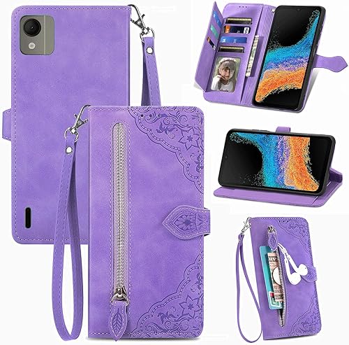 Miniatura 1 de Funda tipo cartera con cremallera para Nokia C110, funda para Nokia C110 N156DL, función de soporte de cierre magnético premium, funda de piel