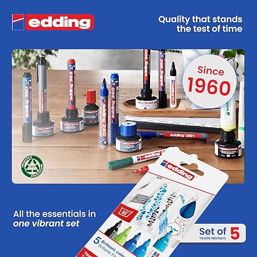 Miniatura 7 de edding Marcador textil 4500 - negro, 3x azul, verde - 5 bolígrafos - punta redonda de 0.079-0.118 in - marcadores permanentes de tela para dibujar