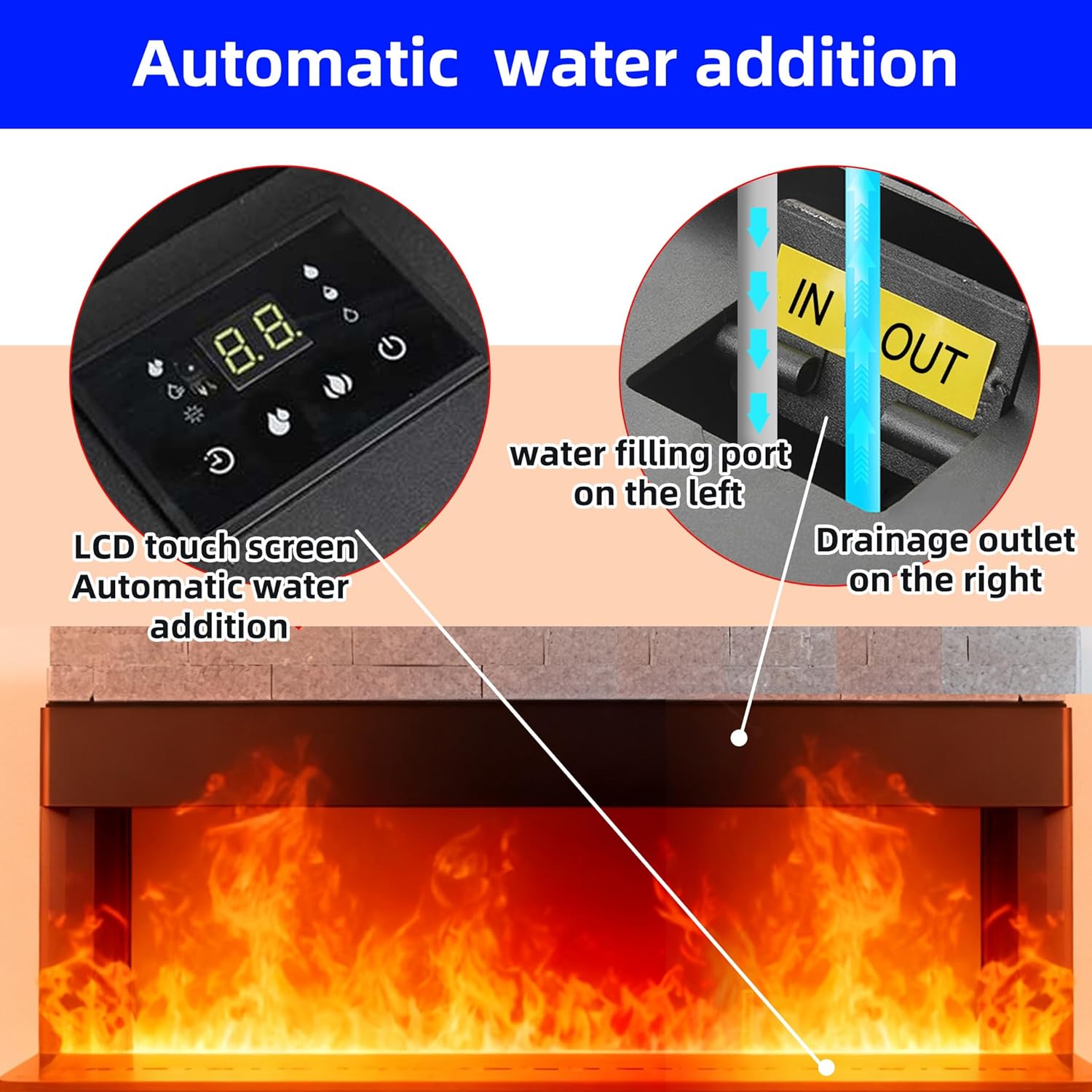 Water Vapor Fireplace 70.87 in Color Flames Remote & Smart App Steam Electric Fireplace Automatic Water Control 304 Stainless