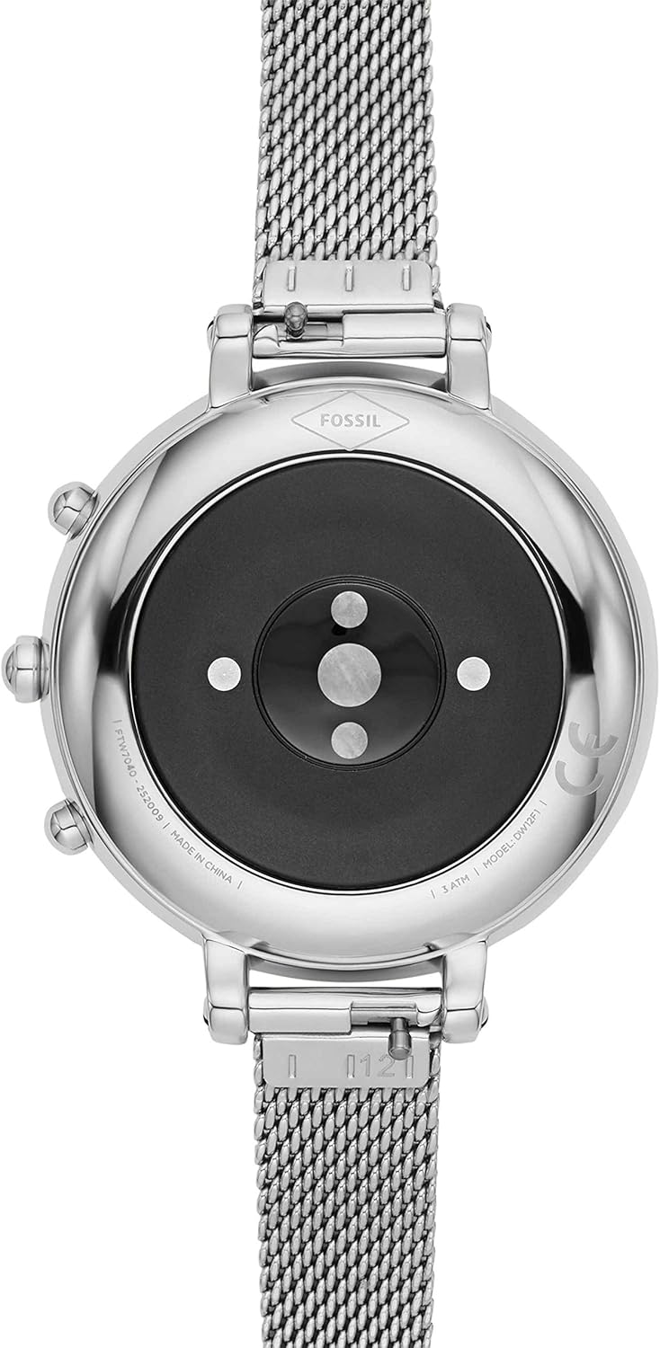 Enrere view of Fossil Monroe Hybrid Smartwatch HR showing the heart rate sensor and charging contacts.