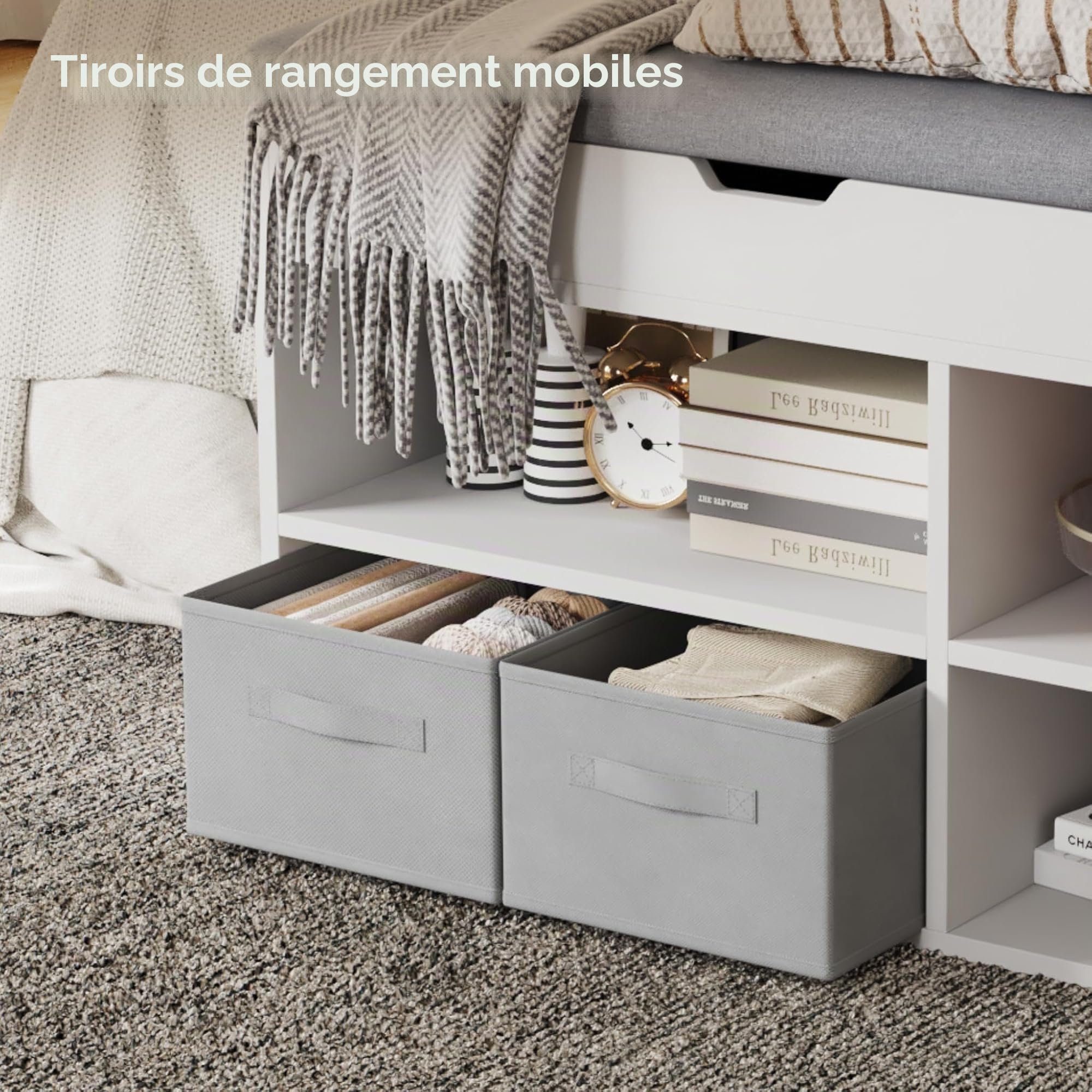 Mondeer Banc Chaussures entrée, 2 tiroirs + 3 casiers, Blanc | Assise rembourrée. 2 tiroirs en tissu, 3 casiers. Style campagnard. 80x48x30 cm. Idéal entrée, salon, chambre.