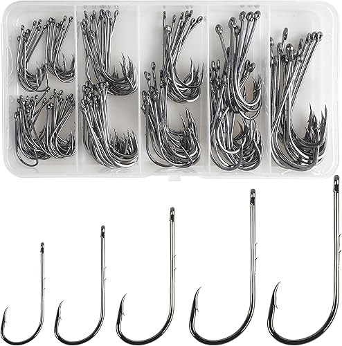 150 anzuelos de pesca anzuelos de pesca J de caña larga con 2 picos de púas vástago compensado de acero de alto carbono para agua salada y agua dulce