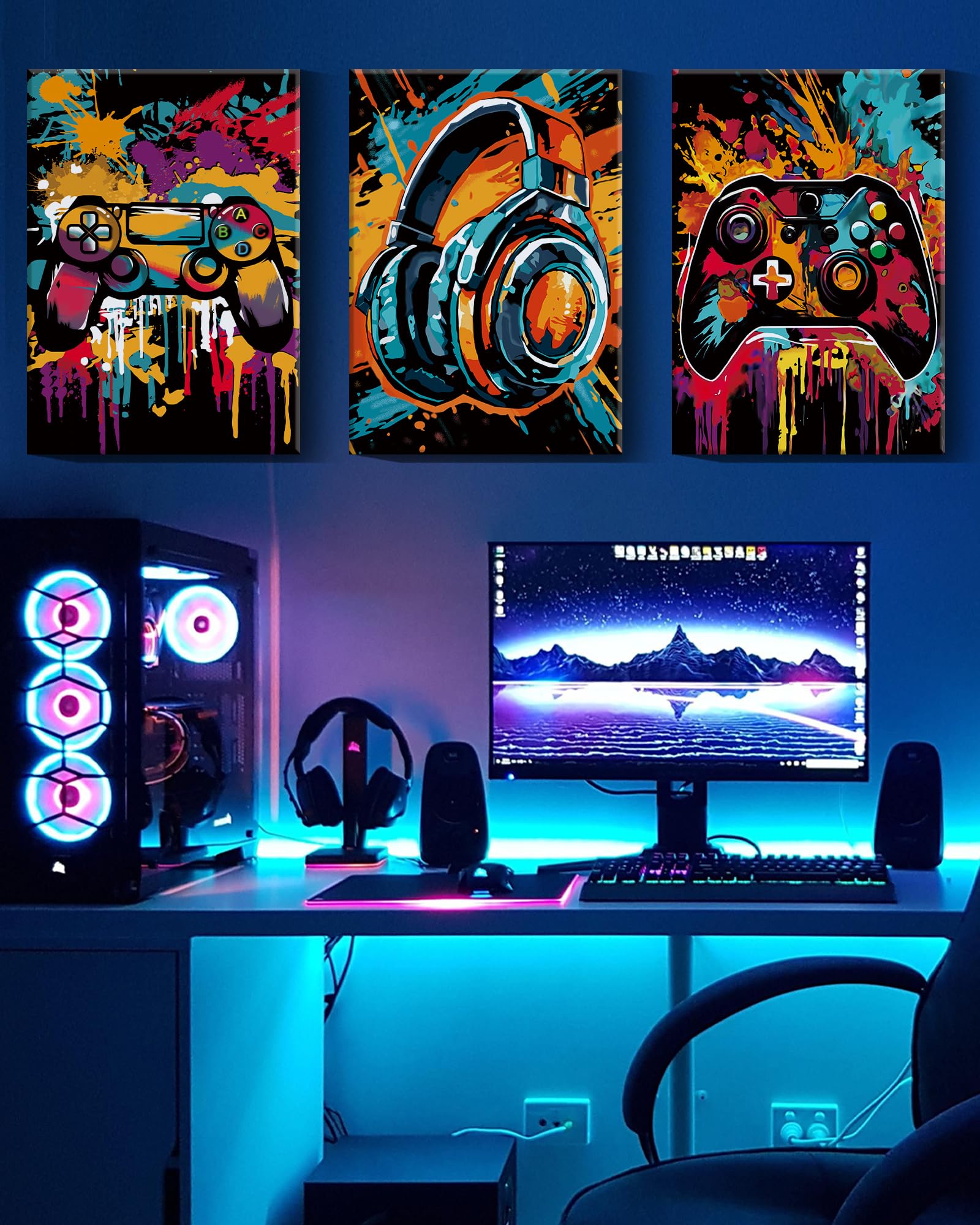 3 piezas de arte de pared para videojuegos, retro, videojuegos, acuarela, graffiti, imágenes de neón, videojuegos, decoración de habitación para adolescentes y niños, decoración de habitación, 20 x 30