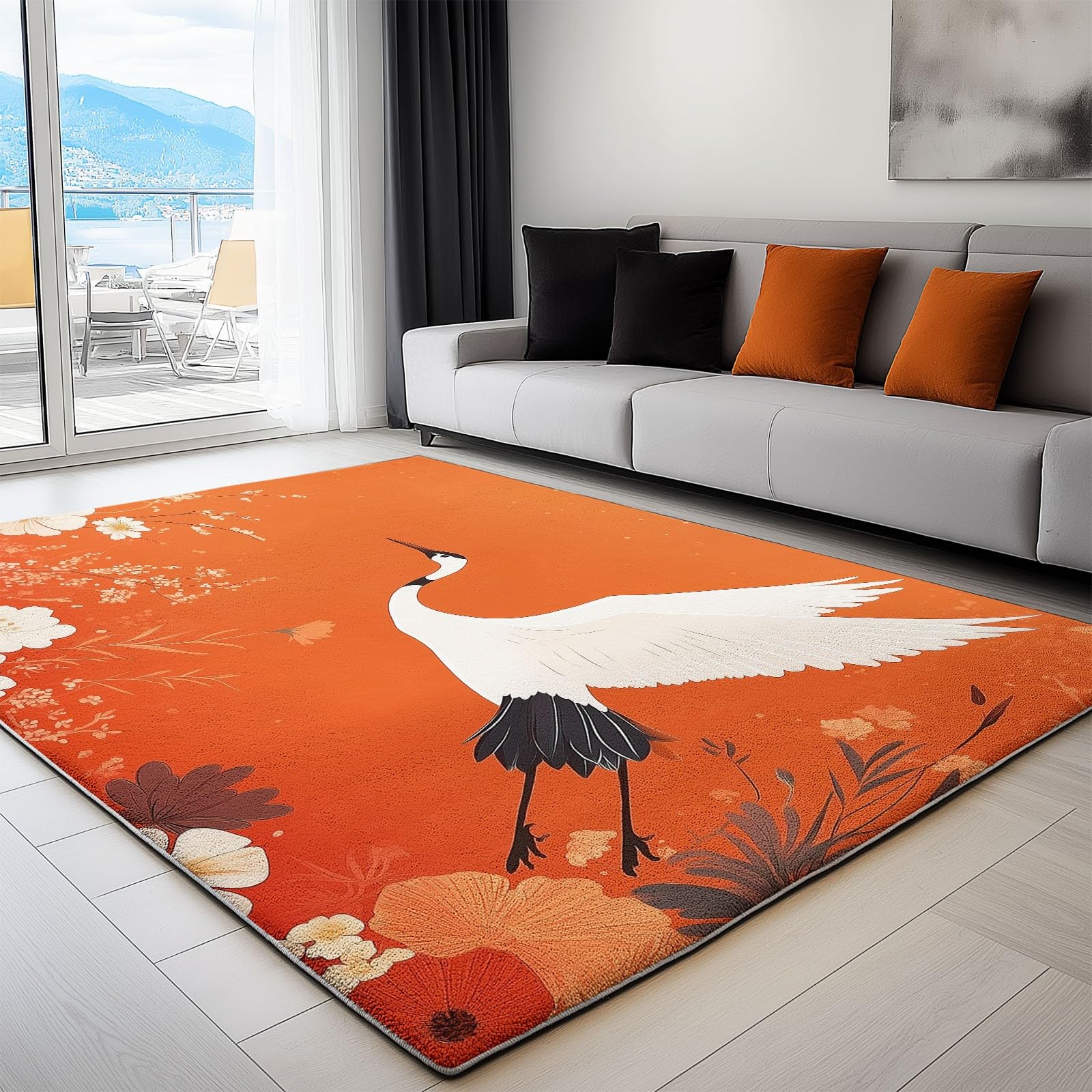 Dywan do salonu z krótkim włosiem Ptaki Prosty i elegancki zmywalny design, dywaniki antypoślizgowe w różnych rozmiarach, dywaniki do salonu sypialni 120 x 180 cm, pomarańczowy biały