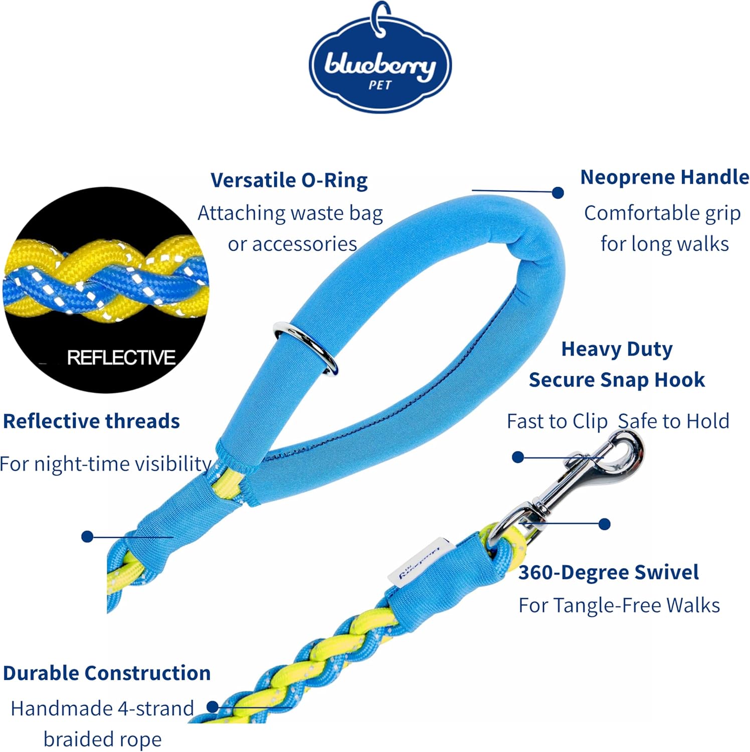 Blueberry Pet Heavy Duty Reflective Braided Handmade Dog Rope Leash in Azure Blue and Lime Yellow, 4 ft, Strong Leashes for Dogs