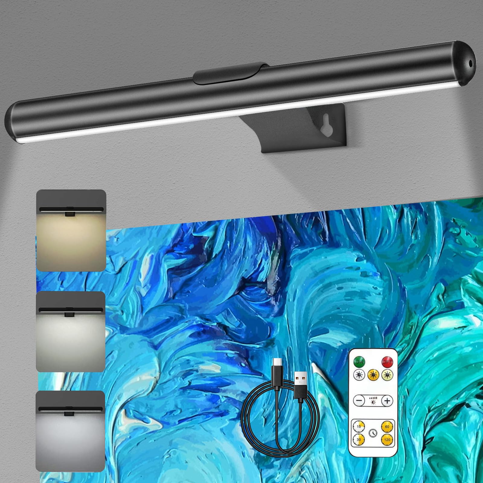 Picture Lights for Wall with Remote, Wireless Rechargeable 4400mAh Battery Operated Wall Lights, 3 Color Temps, Brightness Adjustable, Dimmable Timer Off Dartboard Light, 16In Metal Picture Lights