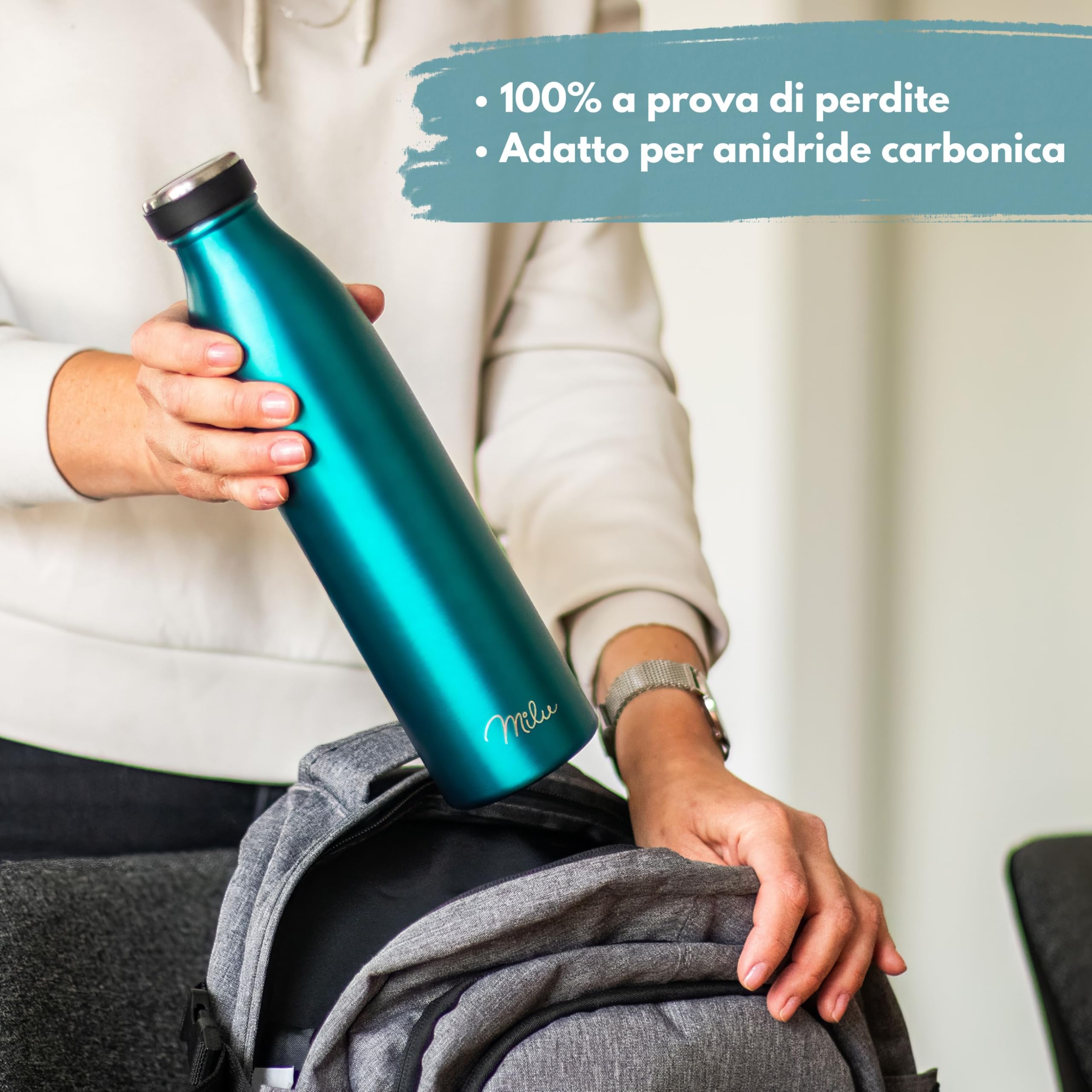Milu - Thermo in acciaio inox da 350/500/750/1000ml/1,5L borraccia termica, a prova di perdite, a doppia parete, adatta per bevande gassate, con spazzola per la pulizia (Nero, 1L) - 4
