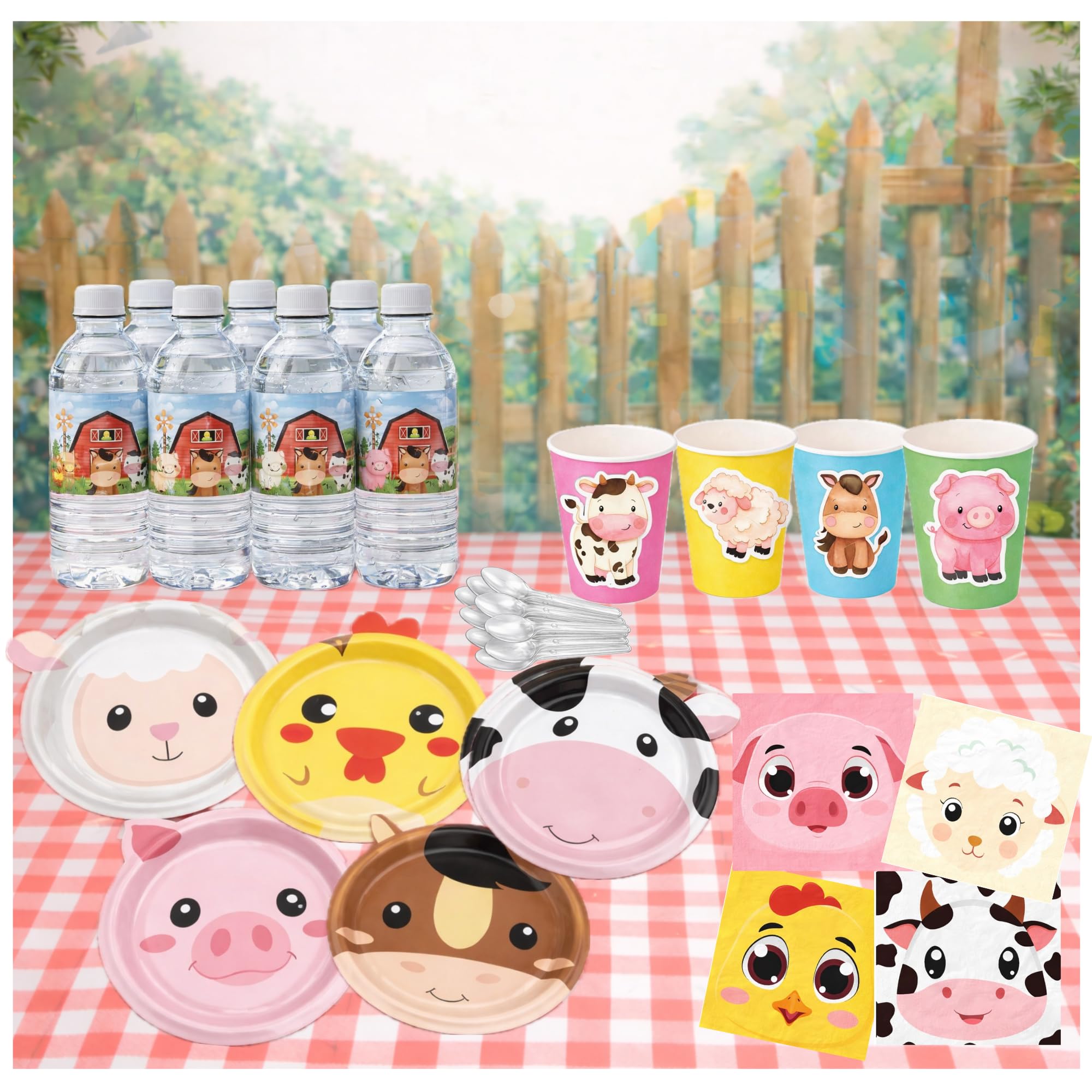 Pack Cumpleaños Infantil granja 10 niños -Decoracion Mesa Completa y Detalles Invitados-Fiesta Infantil Granja.101 unidades.