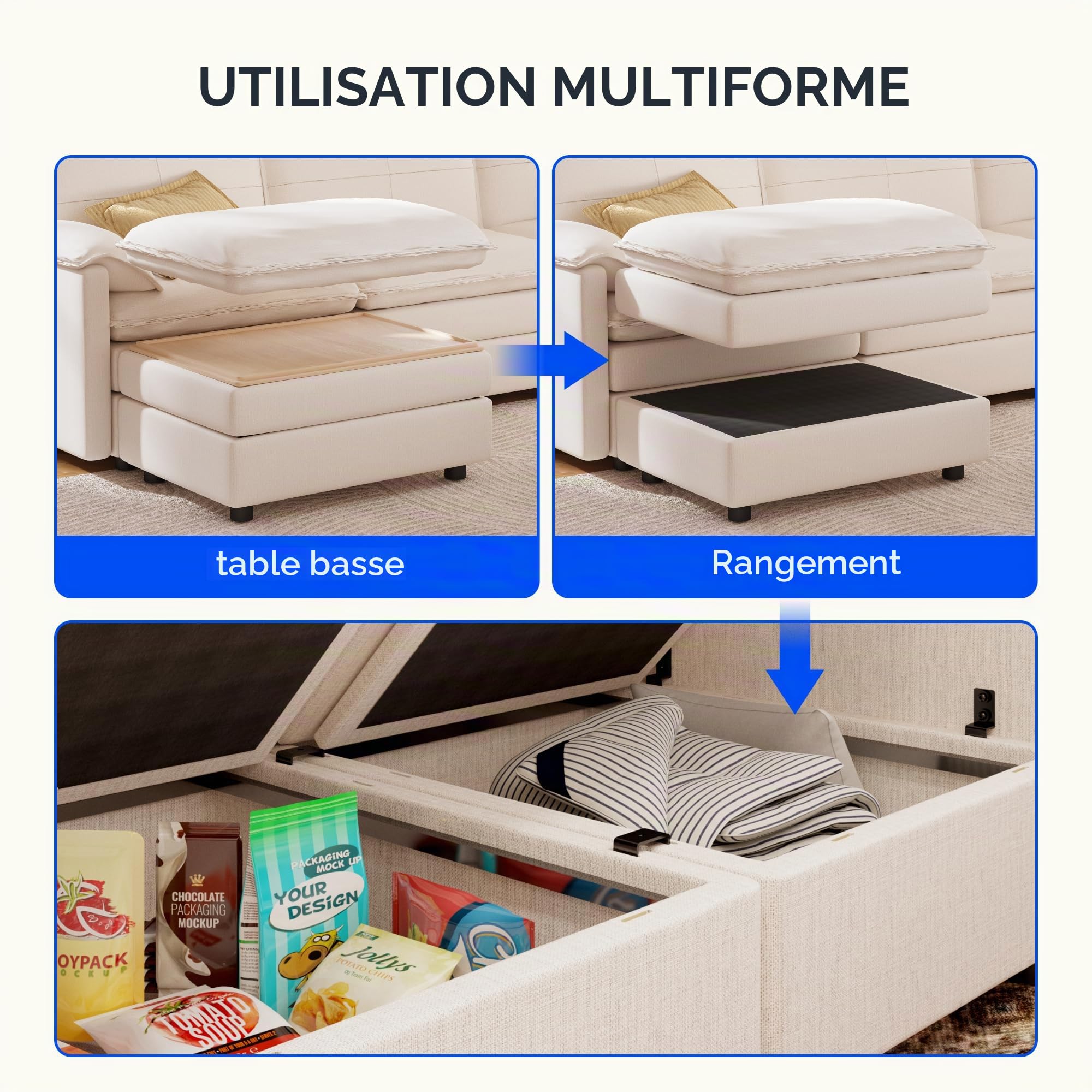 FLEXISPOT Canapé Convertible 4 Places, Canapé d'angle en L avec Repose-Pieds et Rangement, Canapé modulable, Gain de Place pour Le Salon, Blanc
