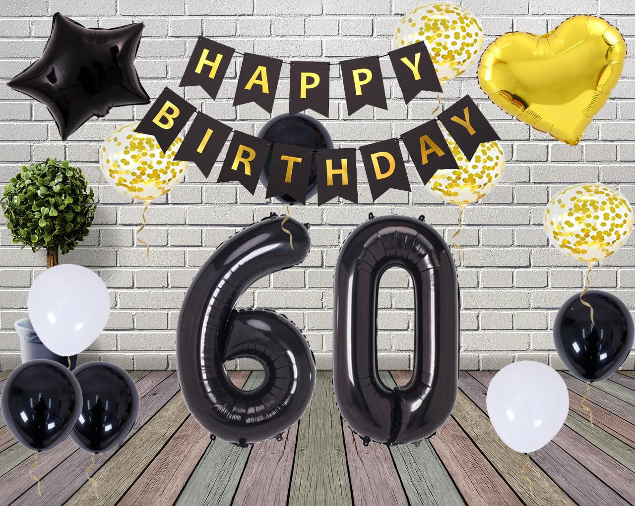 GoldRock Ghirlanda decorativa per 60° compleanno, ghirlanda di buon compleanno, oro nero, 60° compleanno, uomo donna, set di decorazioni per 60° compleanno con bandiera, striscione per 60° compleanno