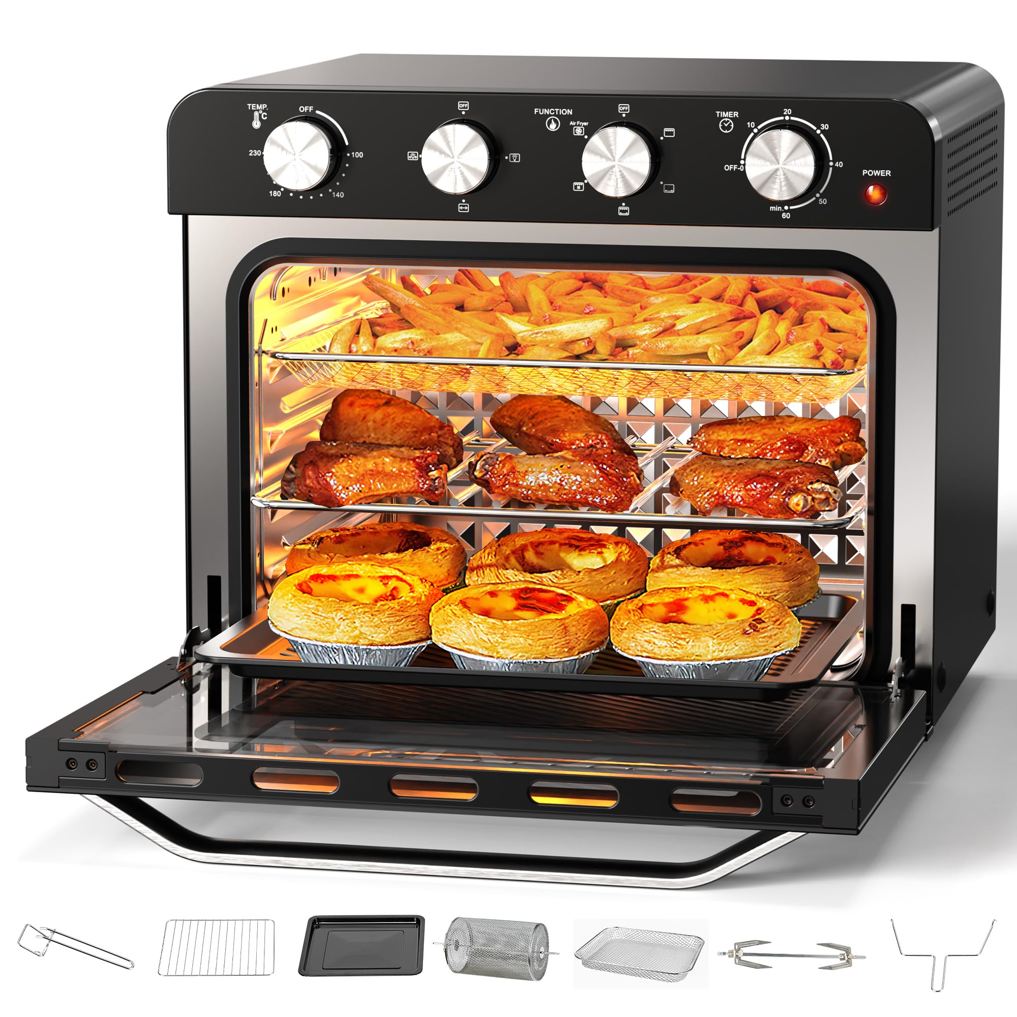 Karienvir Friteuse sans Huile 36 L, 1800W Friteuse à air chaud, Mini Four électrique, 6 Fonctions, 7 Accessoires, Grande Capacité, Minuteur et Réglateur de Température