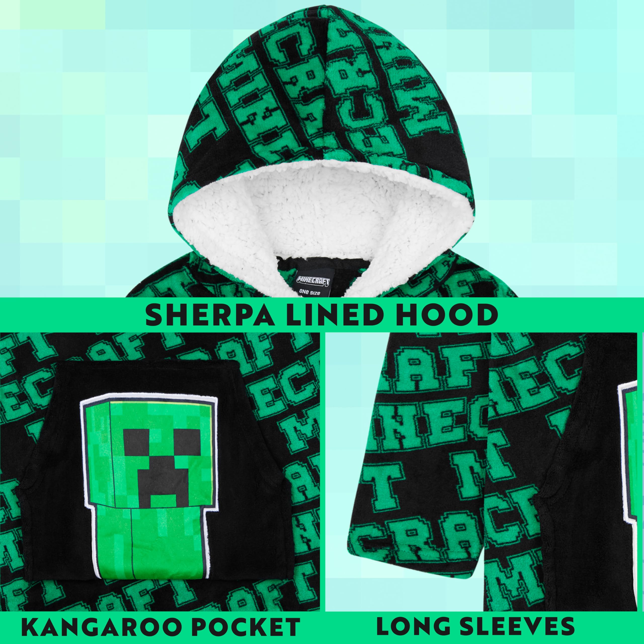 Minecraft Koc z kapturem, dla chłopców, nastolatków, Creeper, koc do noszenia, odzież wypoczynkowa, ponadwymiarowe ponczo polarowe, prezenty dla graczy dla chłopców, Zielony/Czarny, One Size