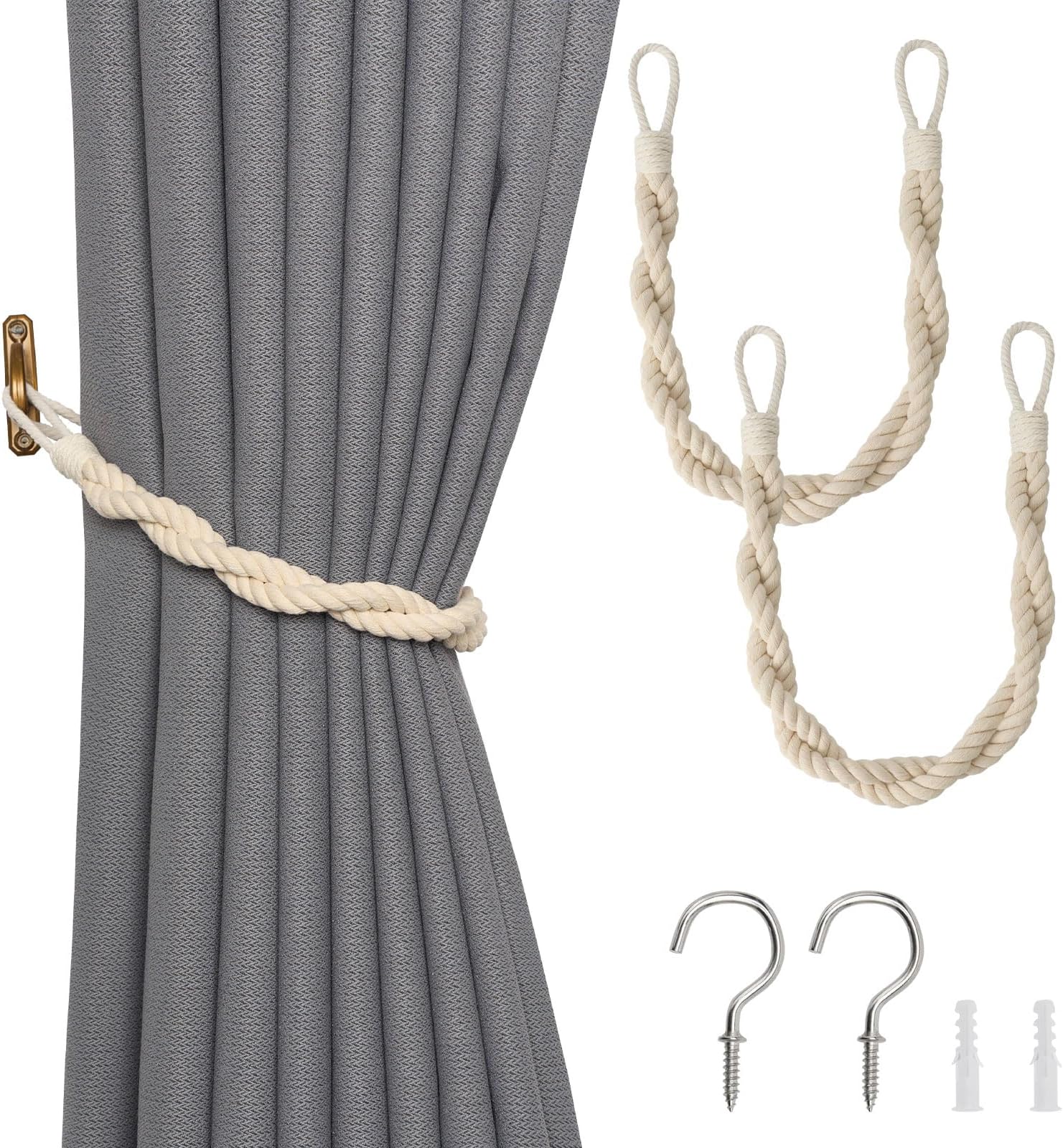 NICEEC 2 Pack Natural Cotton Rope Curtain Tiebacks Elegant Boho Style Decor Drape Tie Backs Soft Hand-Woven Double Rope Curtain Holdbacks with Metal Hook for Home & Office Drapery (Beige)