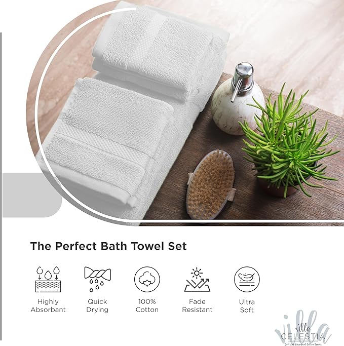 100% Cotton Bath Towel Set of 12-4 Bath Towels, 4 Hand Towels, 4 Wash Cloths, Sustainable, Soft, Highly Absorbent, Combed Cotton 12 Piece Set for Hotels, Spa, Bathroom, Dorm, Grey
