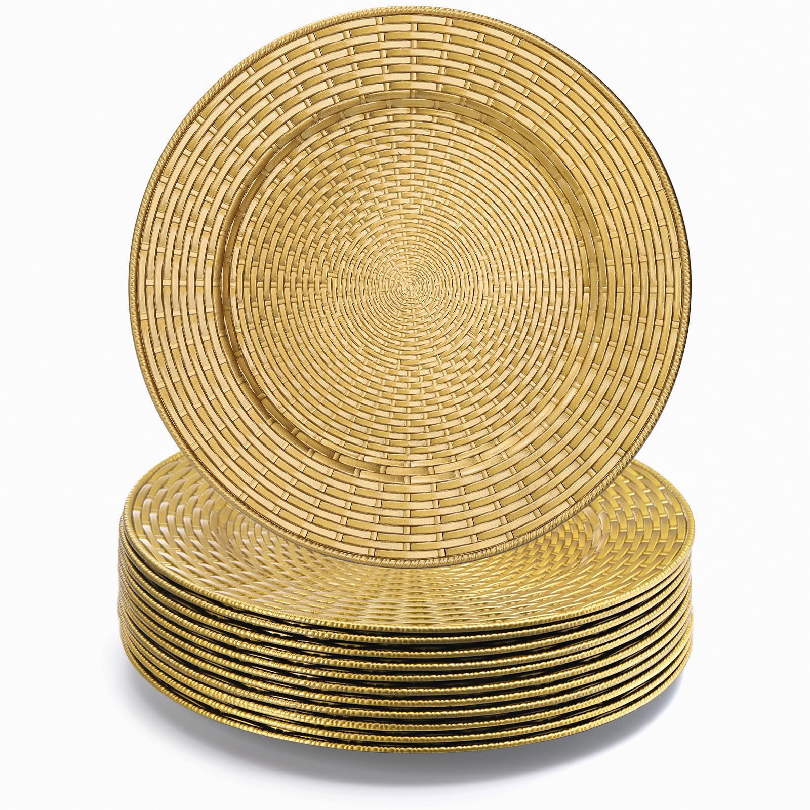 Set of 12 Round Gold Charger Plates, 13 Inch Chargers for Dinner Plates, Faux Rattan Plastic Charger & Service Plates for Weddings, Events