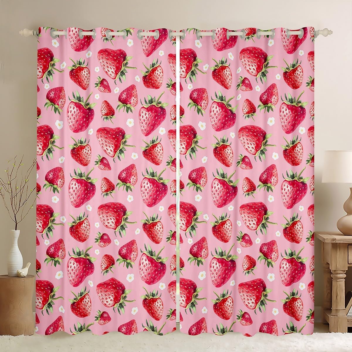 jejeloiu Strawberry Curtains for Bedroom & Living Room (2 Panels, 52 x 63 Inch) - Tropical Fruit Print Blackout Curtains - Darkening Drapes - Window Treatments