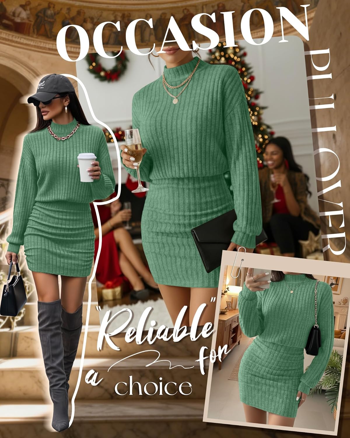 Women's Pullover Sweater Dress Long Lantern Sleeve Ribbed Knit Mock Neck Ruched Bodycon Casual Mini Dress 2025 - Image 4