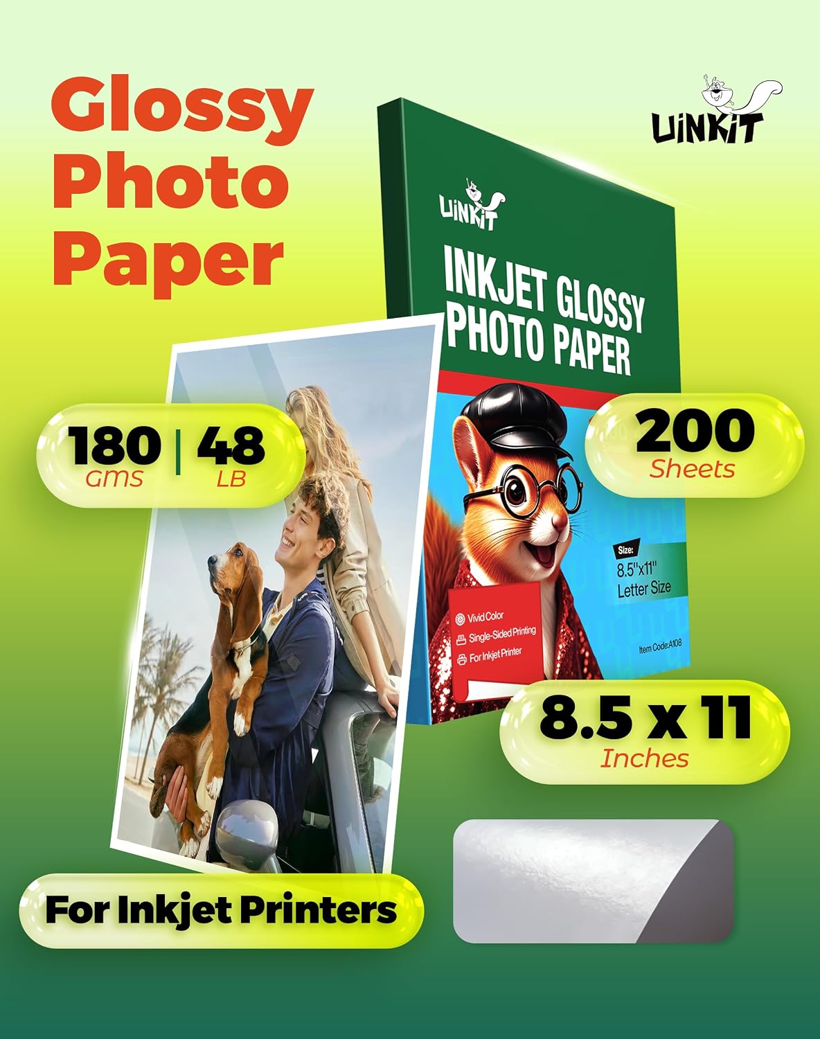Uinkit 200 sheets Bright White Single Sided Glossy Photo Paper 8.5x11 Letter Size 180gsm 48lb Instant Dry Dye Inkjet Paper, Smudge Resistant Professional Printing Papers for Home/Office Trial Use